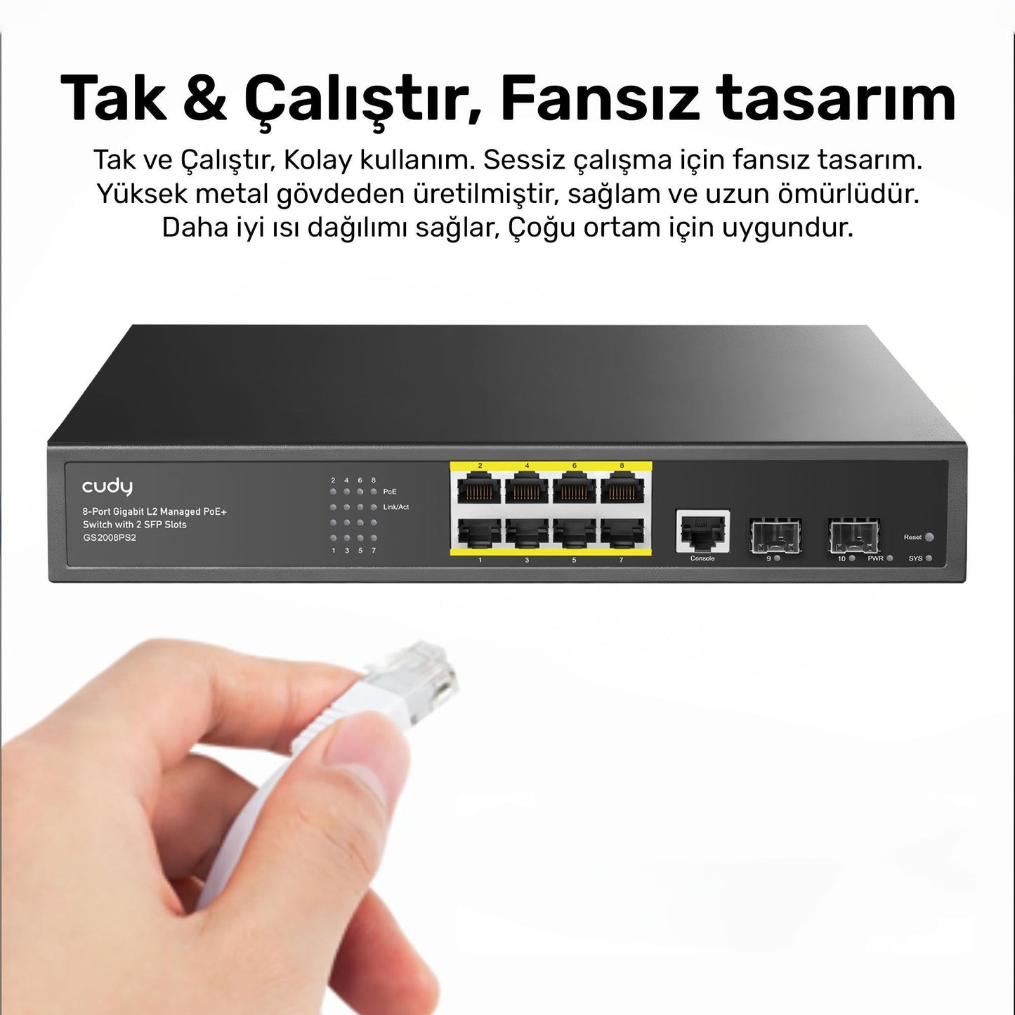 Cudy GS2008PS2 2Port Gigabit SFP, 1Consol, 2Gigabit Combo, 8 Port PoE L2 Yönetilebilir Gigabit Switch