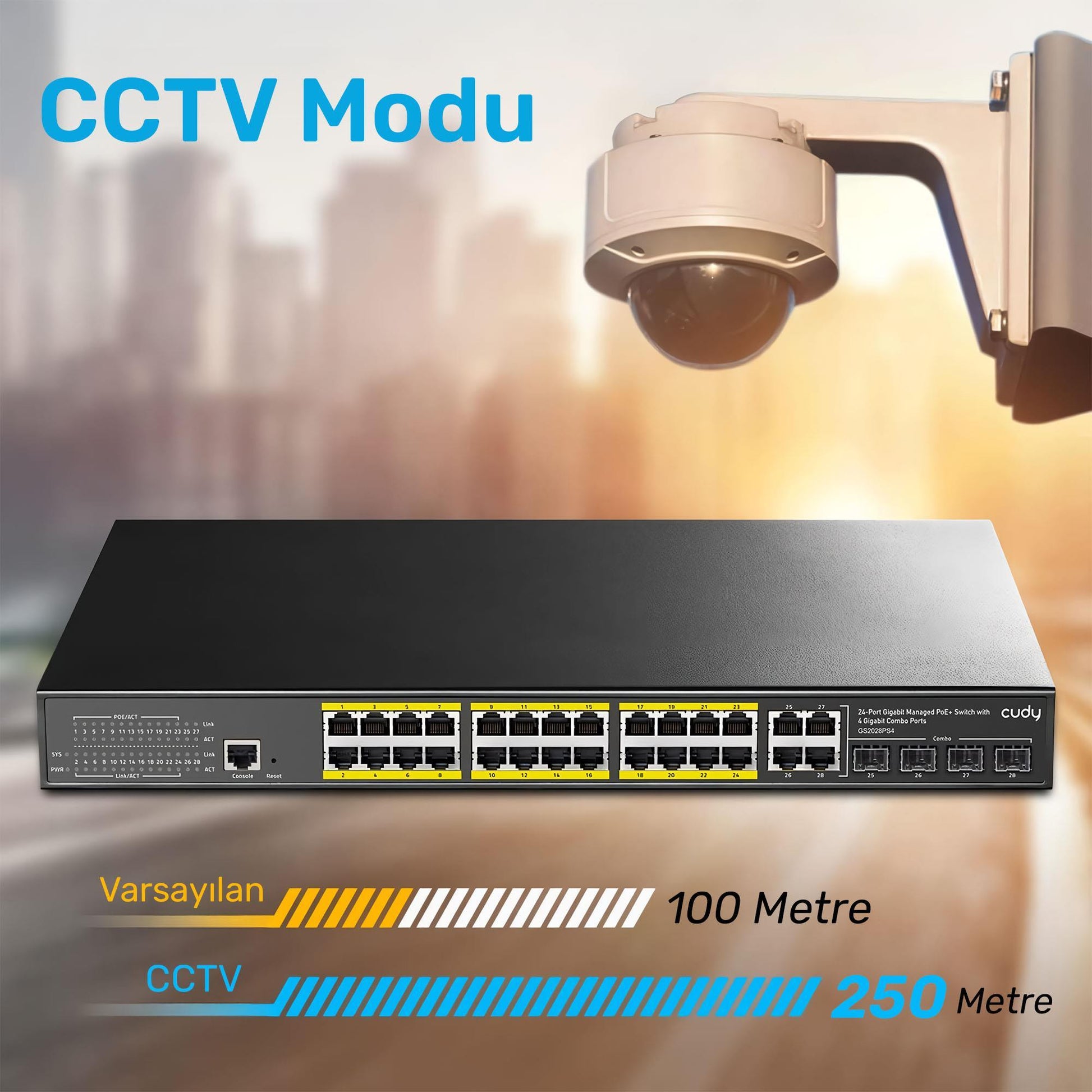 Cudy GS2028PS4 4Port Combo,1Port Konsol,24Port Gigabit 300wPoE Yönetilebilir Rack Mount Metal Switch