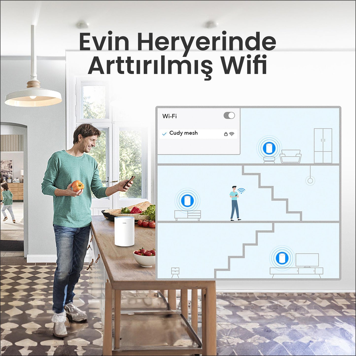Cudy M1200 5GHz 867Mbps, 2.4GHz 300Mbps, 1 Port, 2XdBi anten, Wi-Fi Mesh Menzil Genişletici Router
