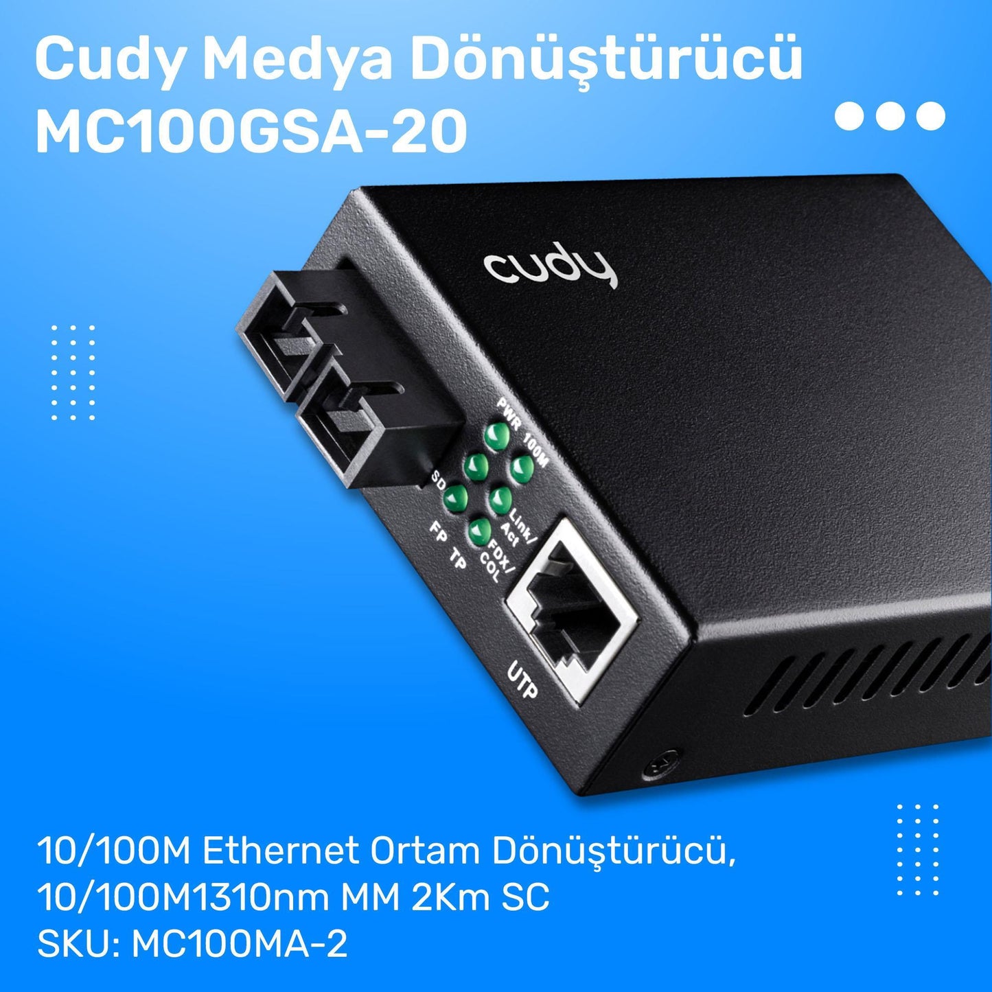Cudy MC100GSA-20 Single Mode 20 Km Fiber Optik Gigabit Ethernet Medya Dönüştürücü Metal Switch