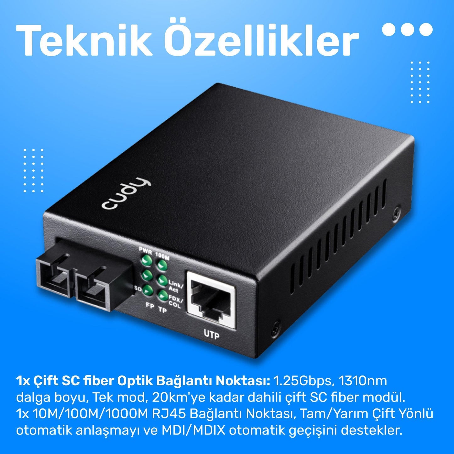 Cudy MC100GSA-20 Single Mode 20 Km Fiber Optik Gigabit Ethernet Medya Dönüştürücü Metal Switch