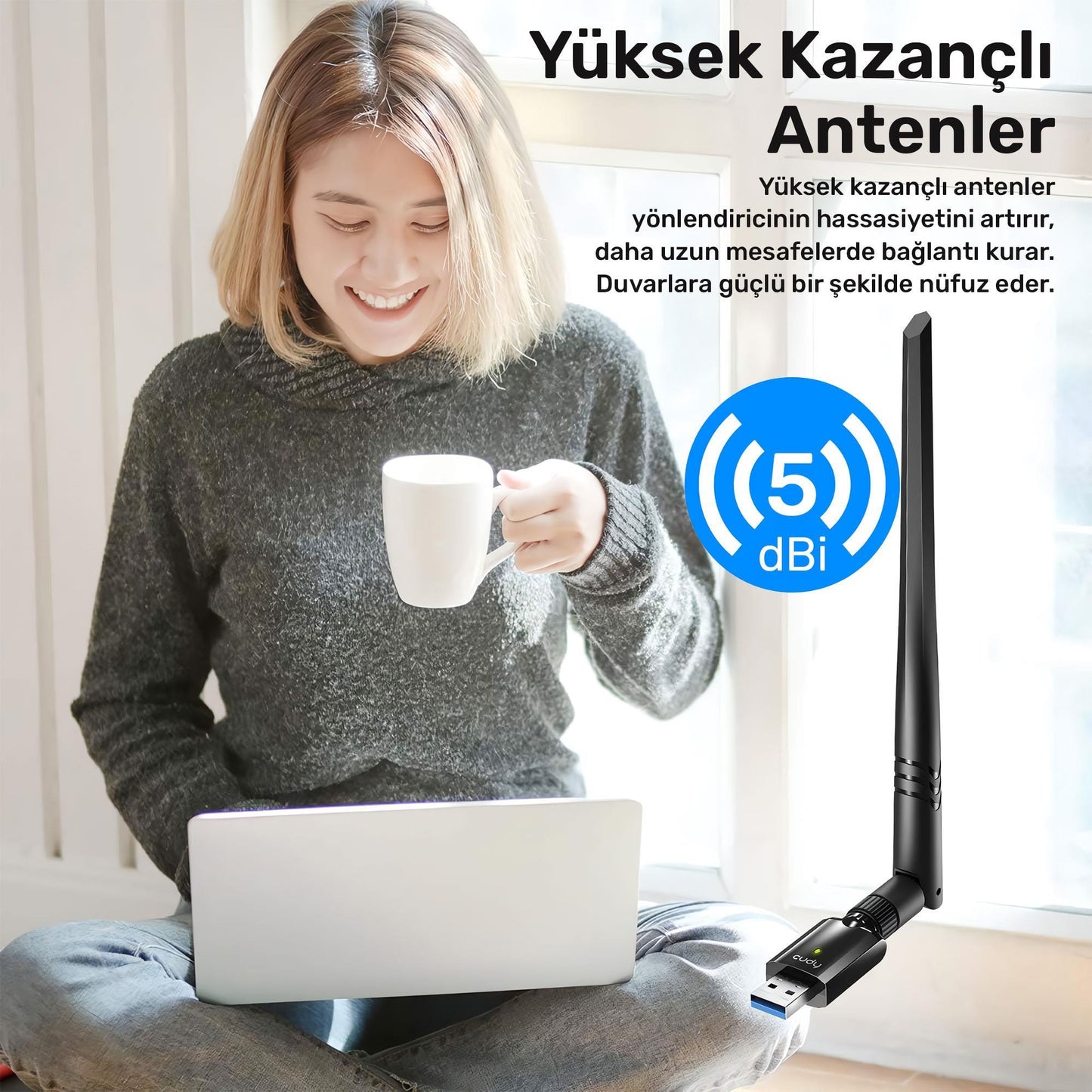 Cudy WU1400 5GHz 867Mbps, 2.4GHz 400Mbps, Wi-Fi USB 3.0 Antenli Adaptör (AC1300 Serisi)
