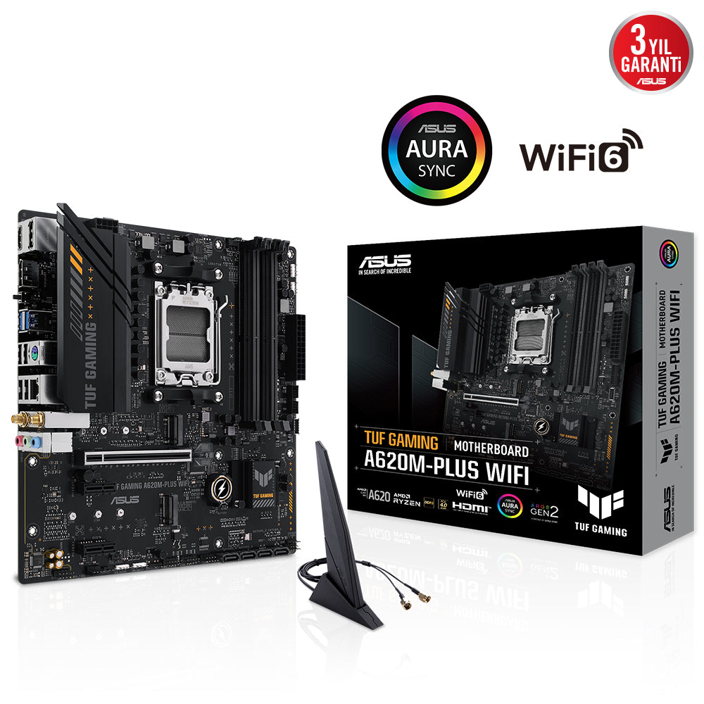 ASUS TUF GAMING A620M-PLUS WIFI A620 DDR5 (Vga Yok) GLan 2.5G mATX HDMI DP US3 WIFI BT M2 RGB AM5 AMD Anakart