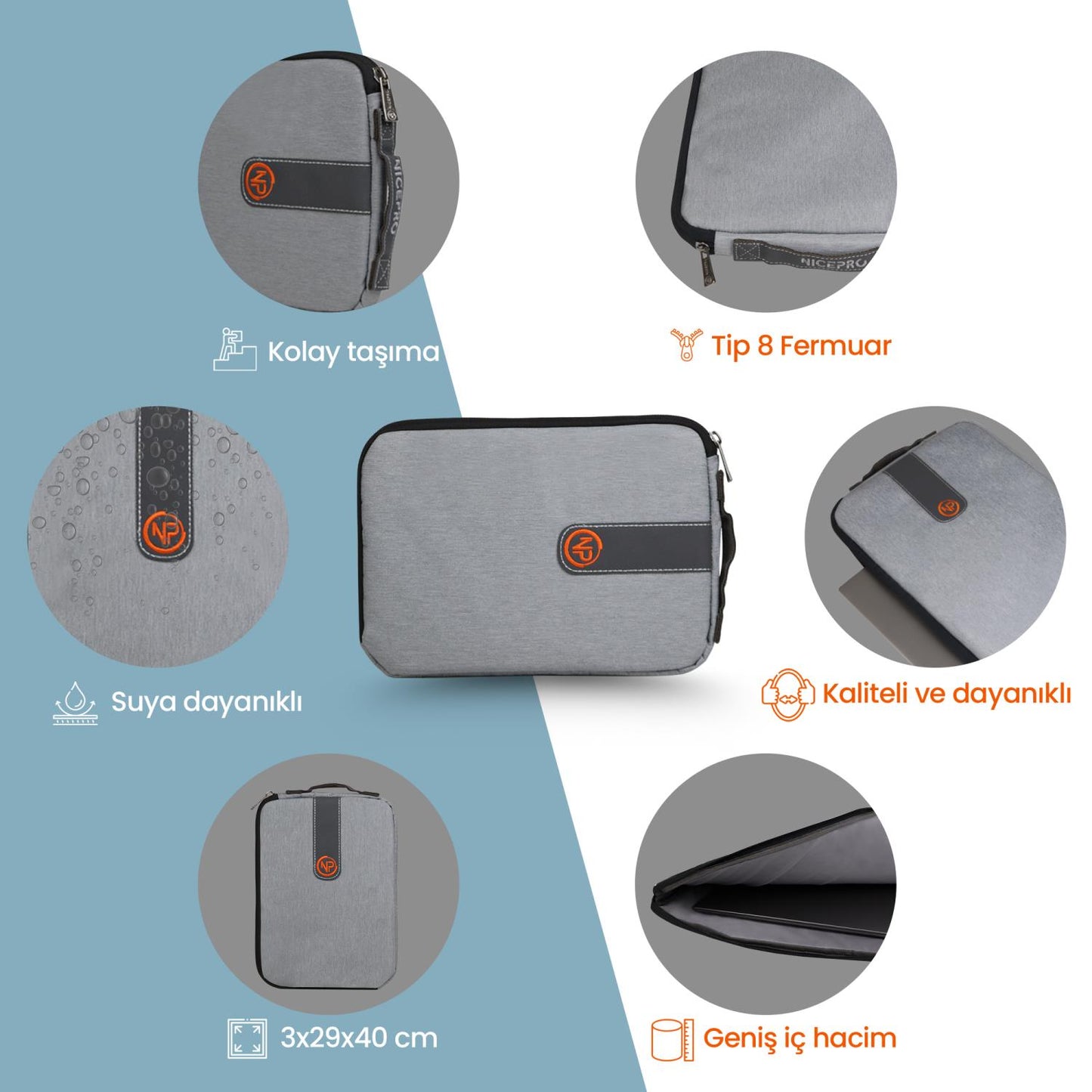 NPO AcePlus 15,6" Macbook,Apple Ipad Uyumlu,Ultra Korumalı Notebook & Tablet Kılıfı/Çantası-Açık Gri