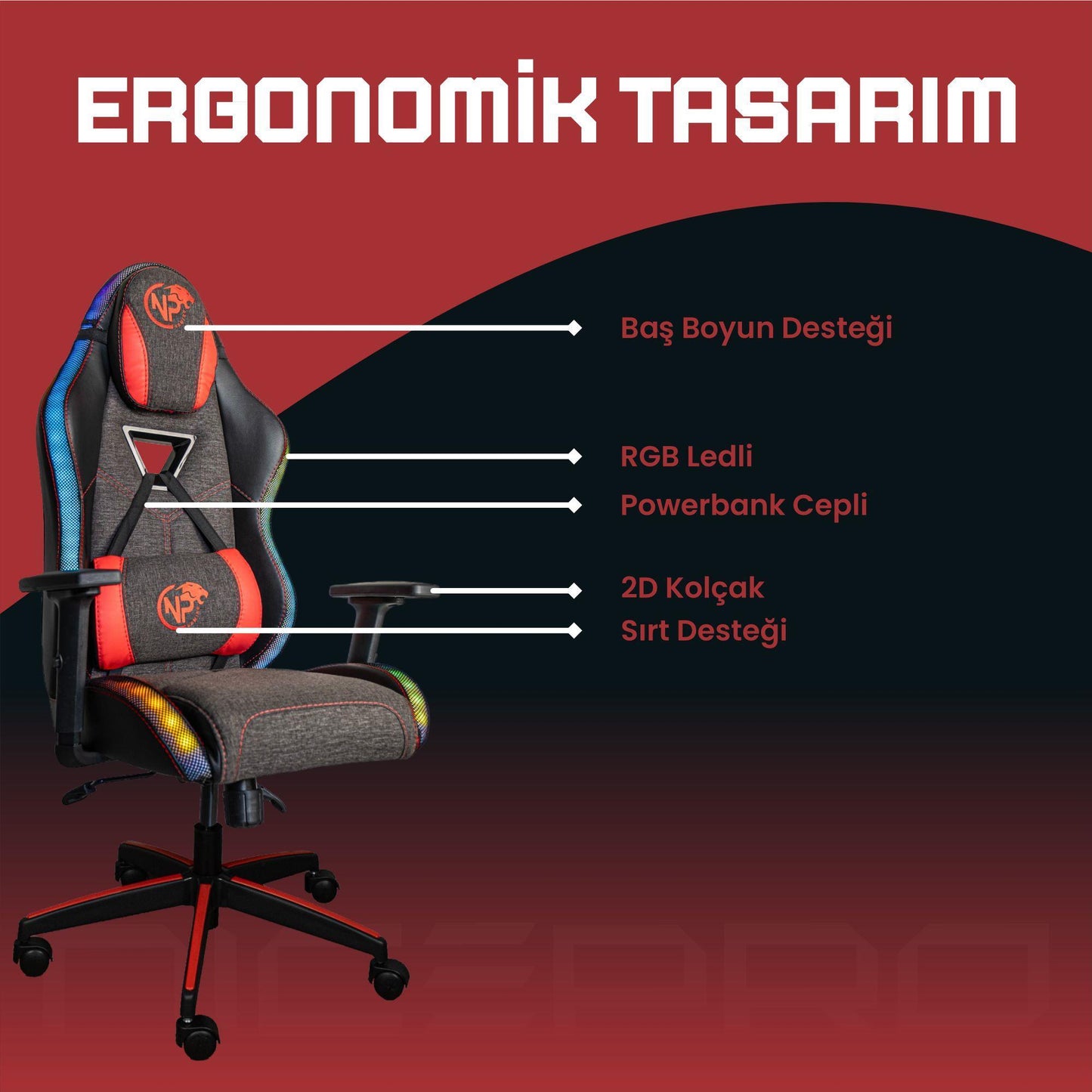NPO GC2001BR 2D Kolçaklı,RGB Ledli,Boyun ve Sırt Destekli Gaming Oyuncu Koltuğu,Kırmızı-Siyah