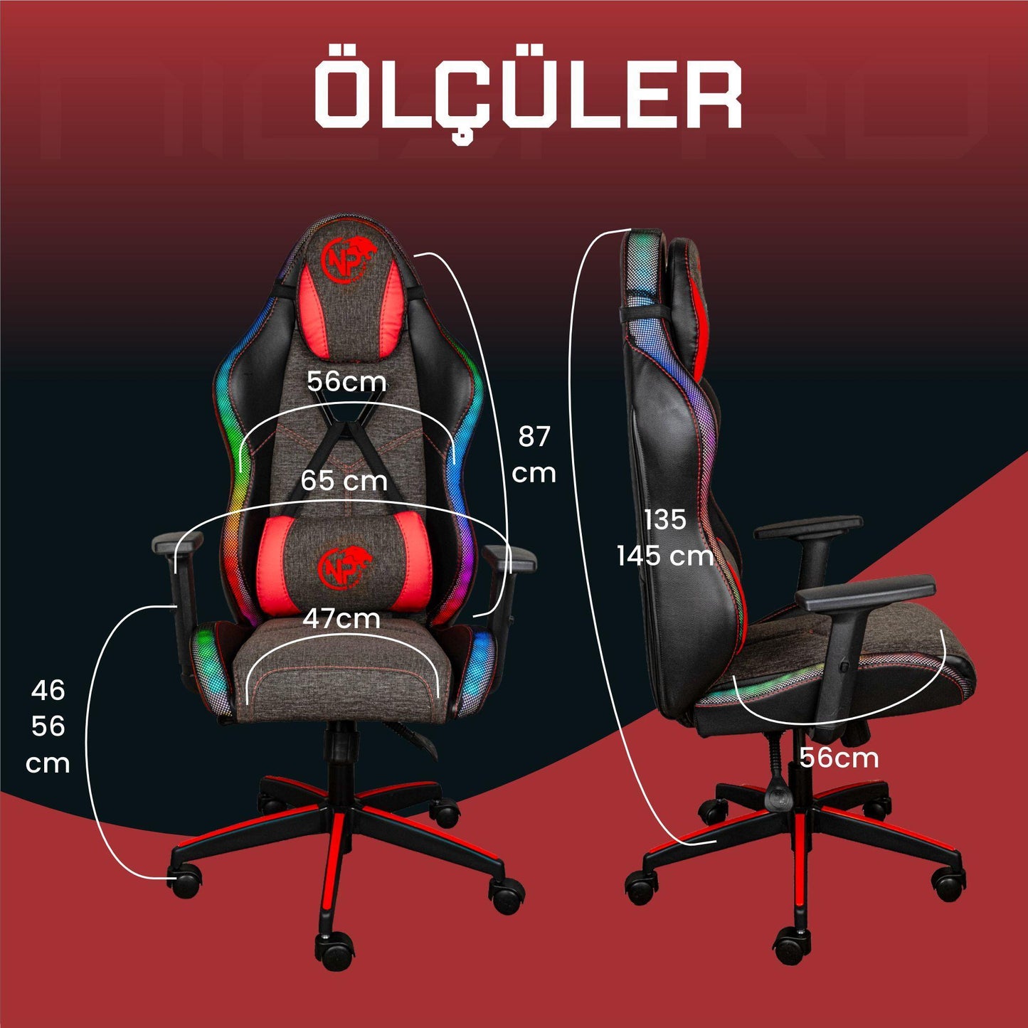 NPO GC2001BR 2D Kolçaklı,RGB Ledli,Boyun ve Sırt Destekli Gaming Oyuncu Koltuğu,Kırmızı-Siyah