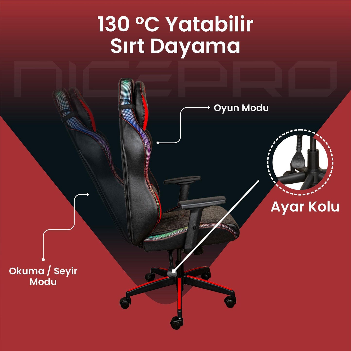 NPO GC2001BR 2D Kolçaklı,RGB Ledli,Boyun ve Sırt Destekli Gaming Oyuncu Koltuğu,Kırmızı-Siyah