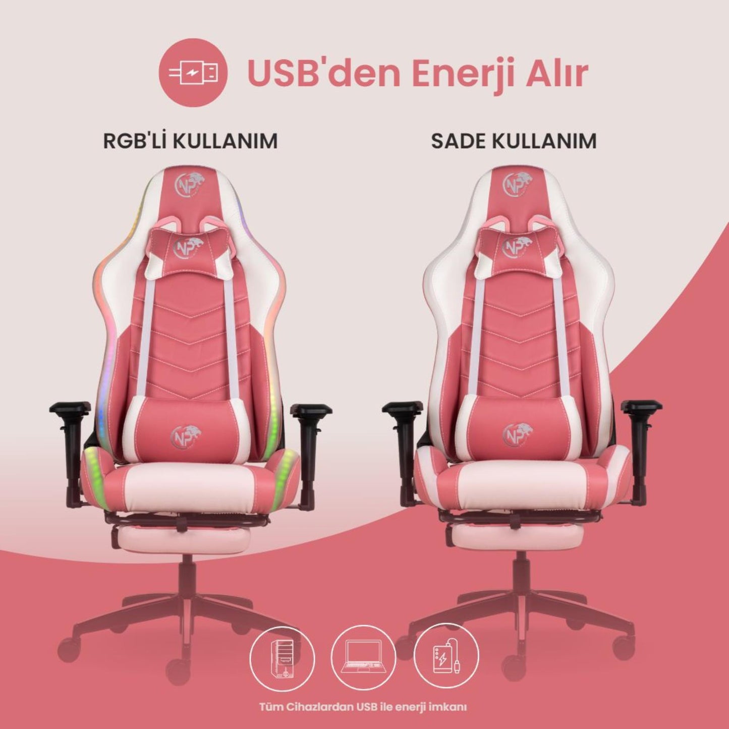 NPO GC3001PW Masajlı,RGB,4D Kolçaklı,Ayak Destekli Oyuncu Koltuğu, Pembe- Beyaz