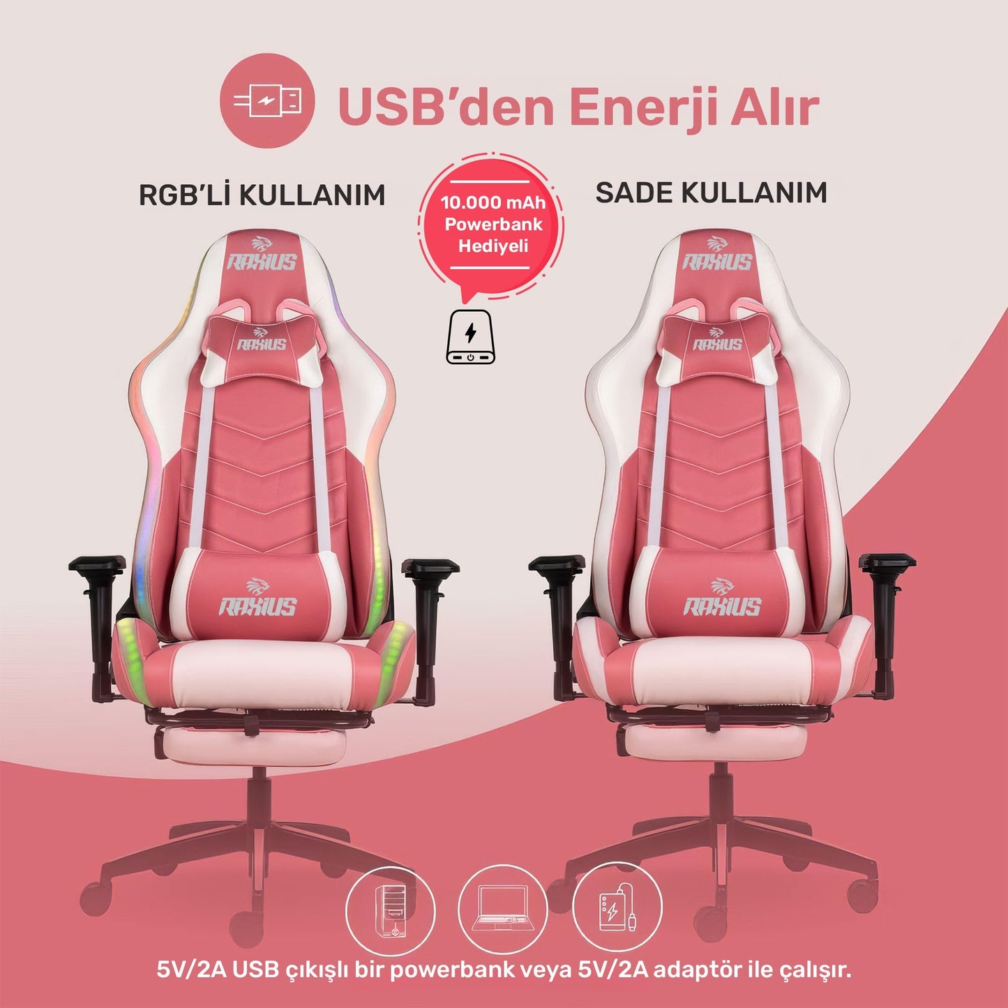 RaXius Masajlı,RGB,4D Kolçaklı,Ayak Destekli Oyuncu Koltuğu