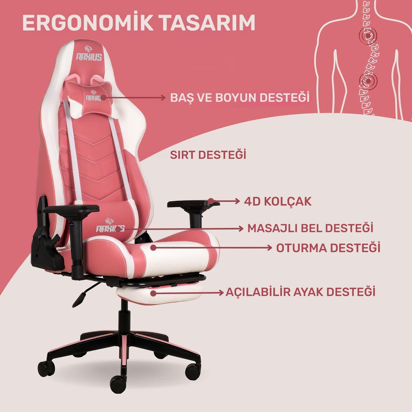 RaXius Masajlı,RGB,4D Kolçaklı,Ayak Destekli Oyuncu Koltuğu