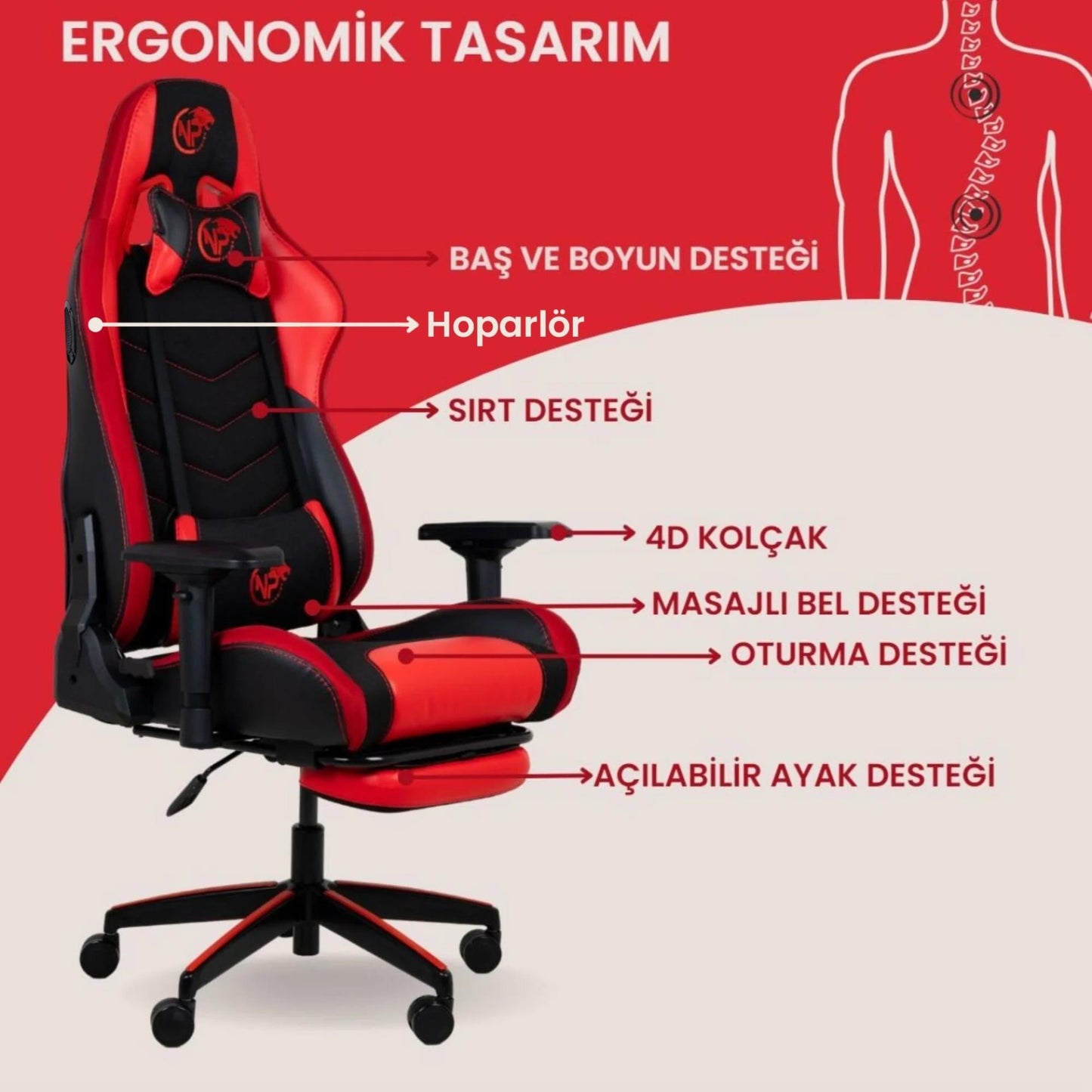 NPO GC5001BR Bluetooth Hoparlörlü, Masajlı, RGB, 4D Kolçaklı, Ayak Destekli Gaming Oyuncu Koltuğu,Kırmızı-Siyah