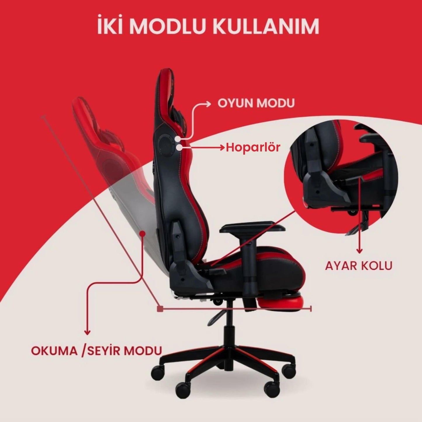 NPO GC5001BR Bluetooth Hoparlörlü, Masajlı, RGB, 4D Kolçaklı, Ayak Destekli Gaming Oyuncu Koltuğu,Kırmızı-Siyah