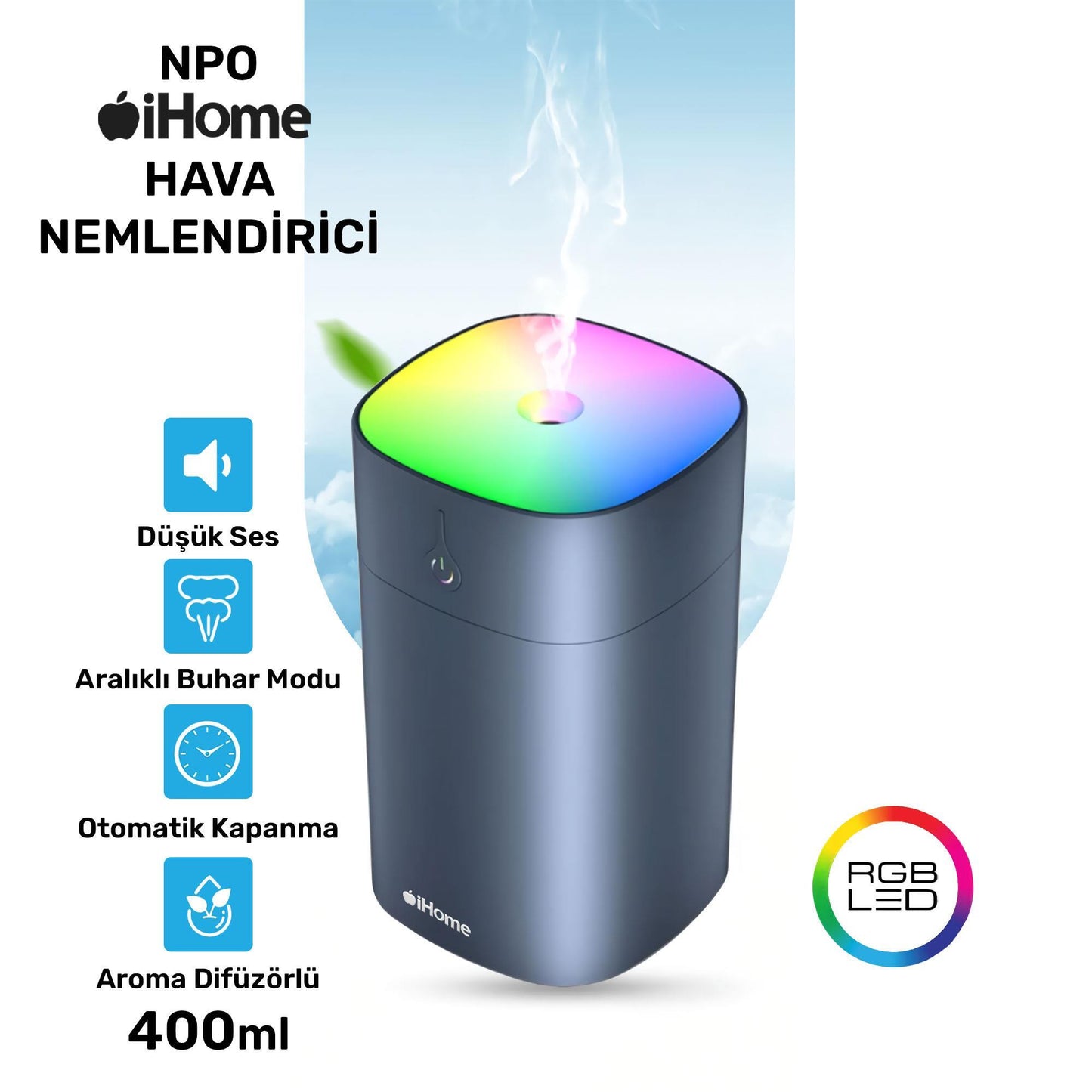 NPO iHome RGB Renkli Aromaterapi Difüzör ve Ultrasonik Hava Nemlendirici Buhar Makinesi