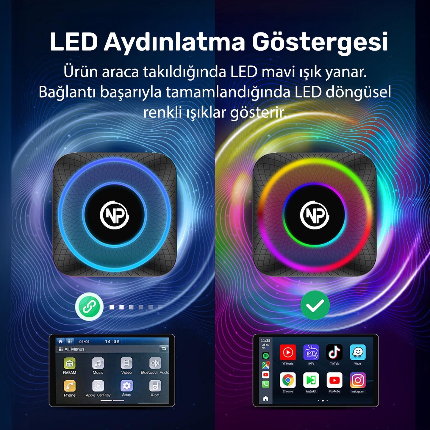 NPO NPCP01 SIM Kartlı Android13 8GB/128GB TvBox, Youtube, Netflix, Carlinkit, PlayStore Kablosuz CarPlay