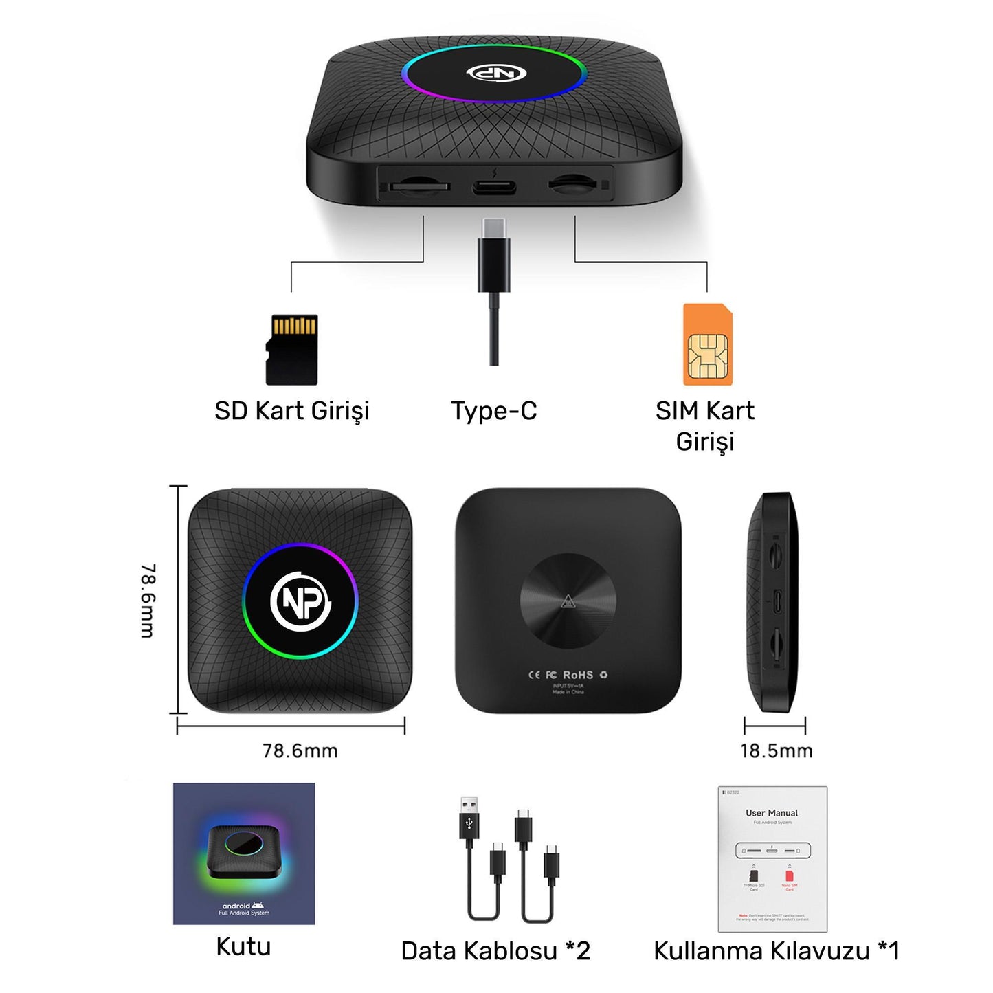 NPO NPCP01 SIM Kartlı Android13 8GB/128GB TvBox, Youtube, Netflix, Carlinkit, PlayStore Kablosuz CarPlay