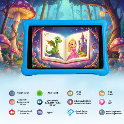 NPO NPK01Pro 8" 1280x800 IPS Ekran 4GB 64GB Android14 A523 2.0GHz Antişok Kılıf Çocuk Tableti Mavi