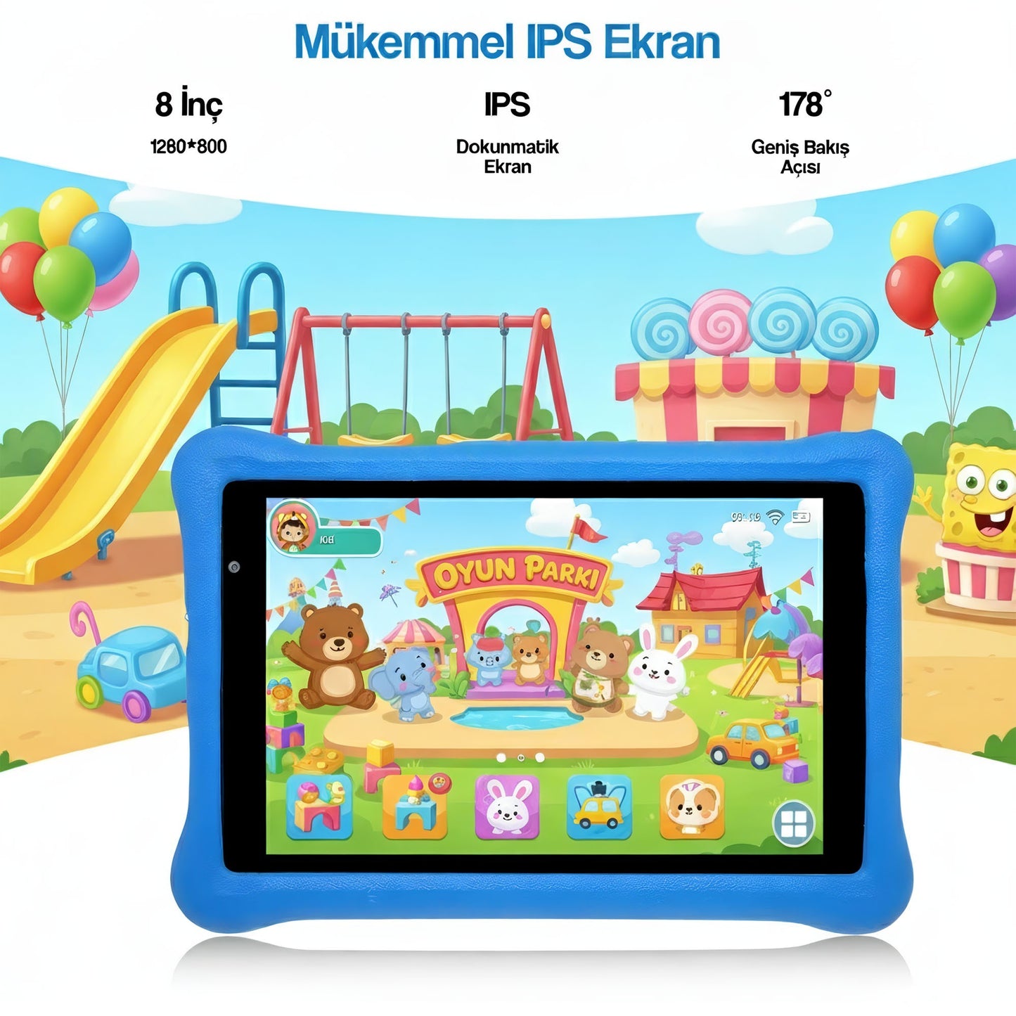 NPO NPK01Pro 8" 1280x800 IPS Ekran 4GB 64GB Android14 A523 2.0GHz Antişok Kılıf Çocuk Tableti Mavi