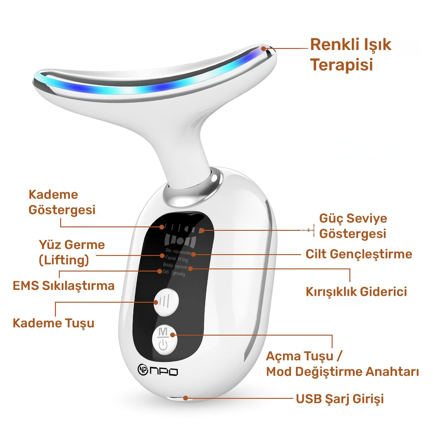 NPO NPB02 Yüz Boyun Gıdık Sarkma Kırışıklık Giderici Sıkılaştırıcı EMS LED Masajlı Güzellik Cihazı