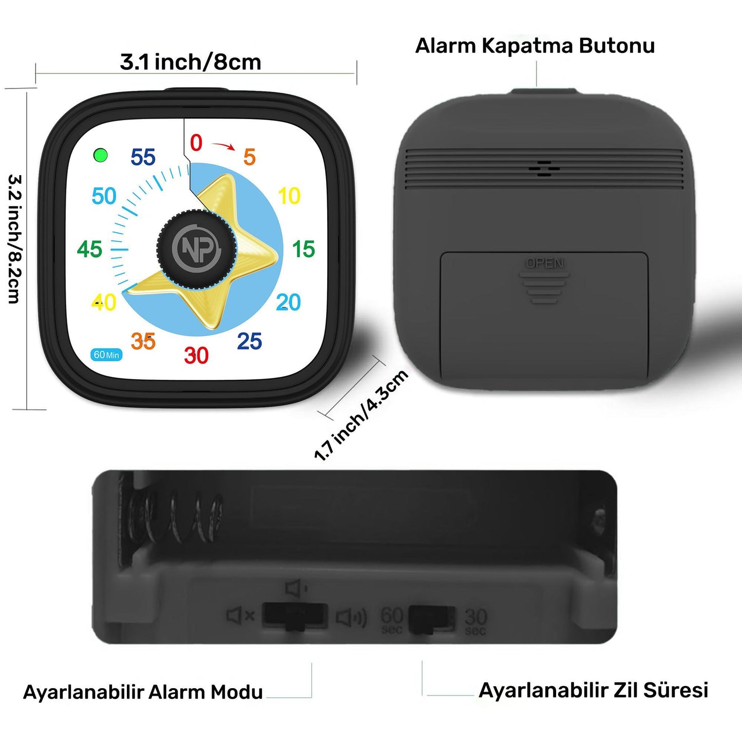 NPO NPT31ST Mutfak,Ders,Yemek için 60dk Analog Alarm Zamanlayıcı,Pomodoro Öğrenci Motivasyon Saati