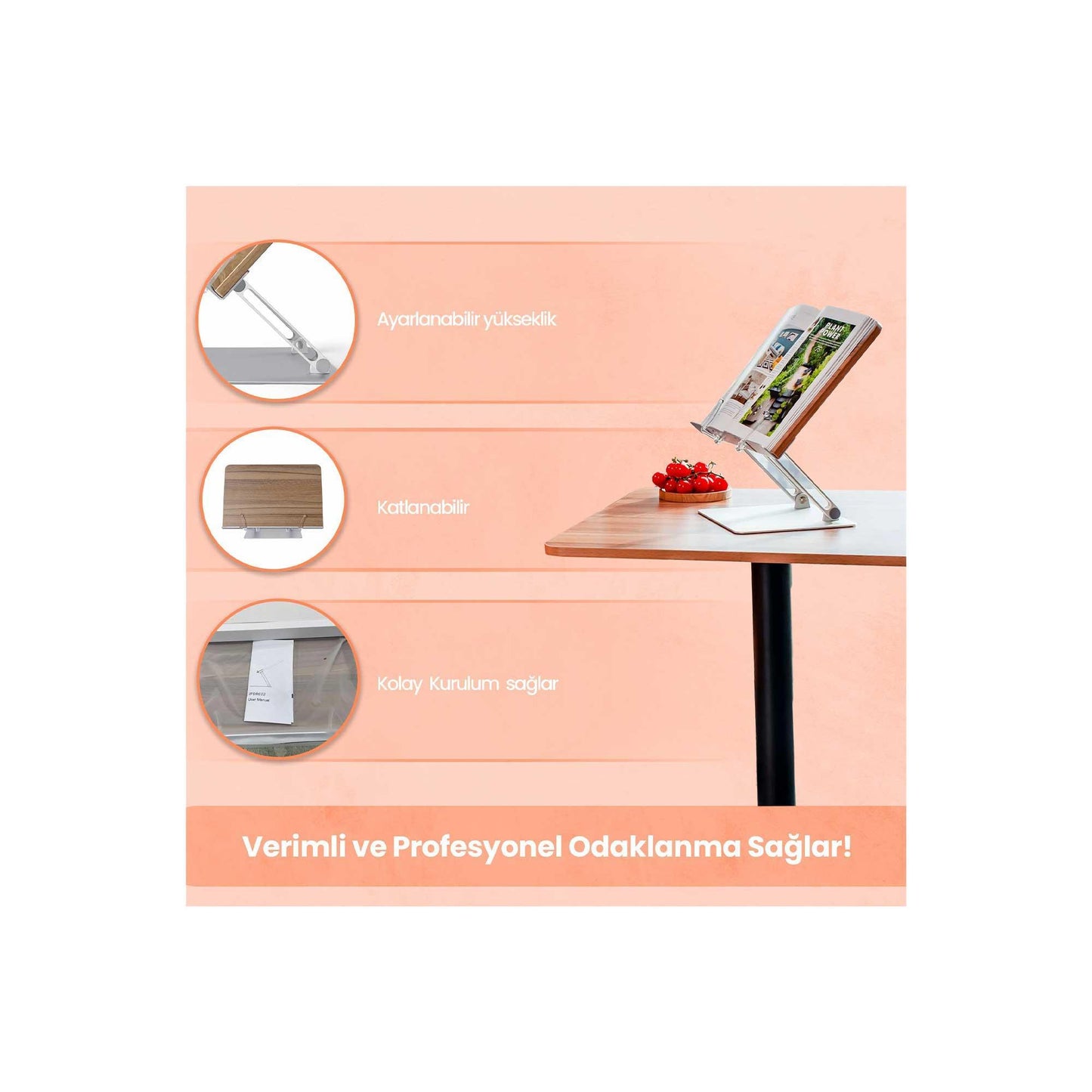 NPO STD002 Okuma Açısı Ayarlı,Kıskkaçlı Alüminyum&Ahşap Kitap/Tablet/Notebook Standı Modern Rahle