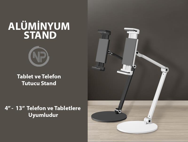 NPO STD20144LG 360°Ayarlanabilir Teleskobik 4"-13" Ergonomik Tablet Standı Gümüş Gri