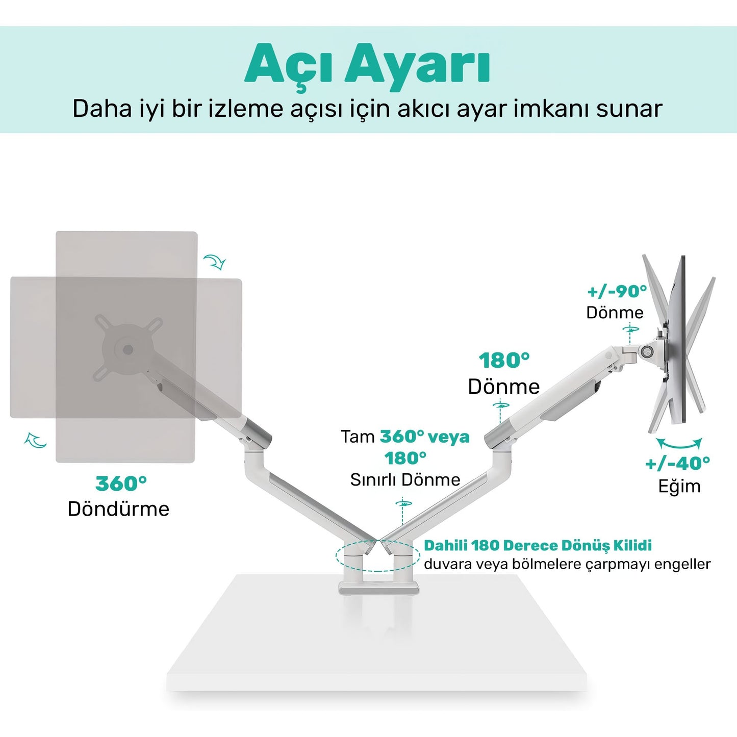 NPO STD49024W Elysium 17"-32" Ultra İnce Tasarım Alüminyum Amortisörlü VESA Çift Kol Monitör Tutucu