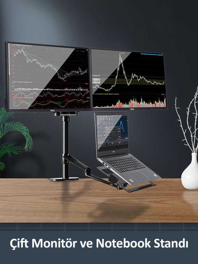 NPO STD7093 10"-27" Notebook Stand ve Vesa Monitör Tutucu Çift Kol- Koyu Gri