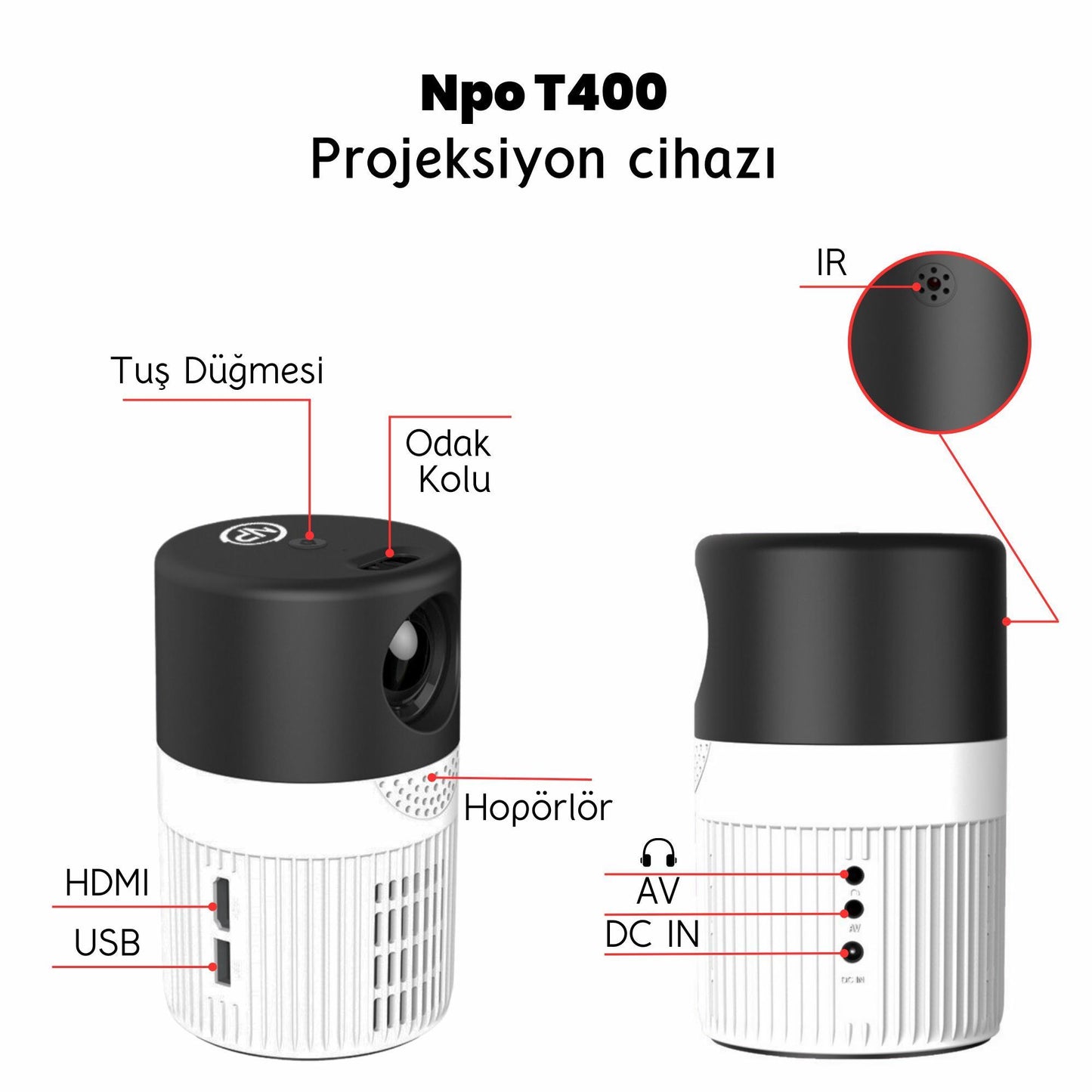 Npo T400 3000L(40ANSI), IOS/Android/Windows/TVbox Uyumlu 1080P HD Taşınabilir Mini Led Projeksiyon