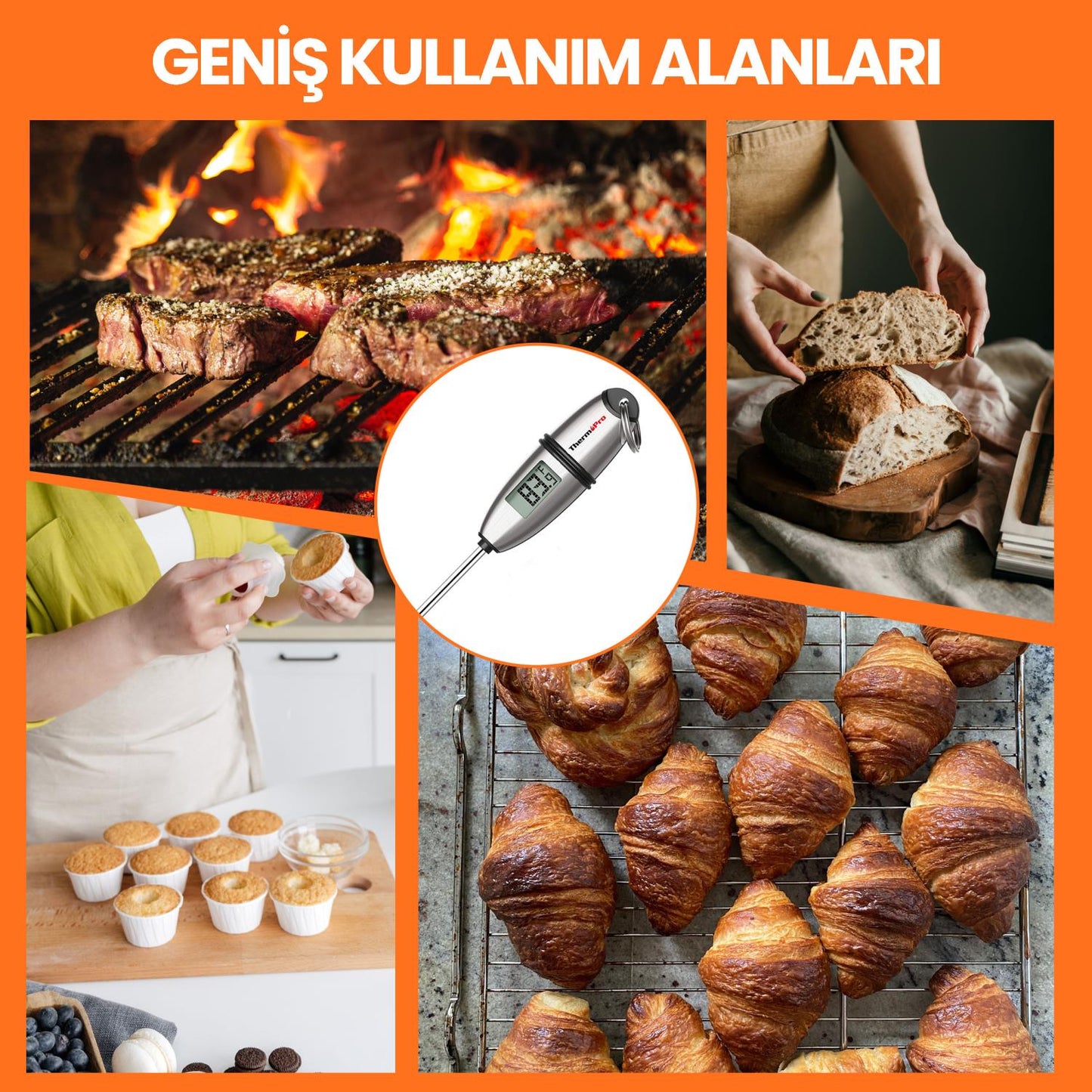 ThermoPro TP02S Işıklı Daldırma/Saplama Çelik Gövdeli Gıda Pişirme Termometresi