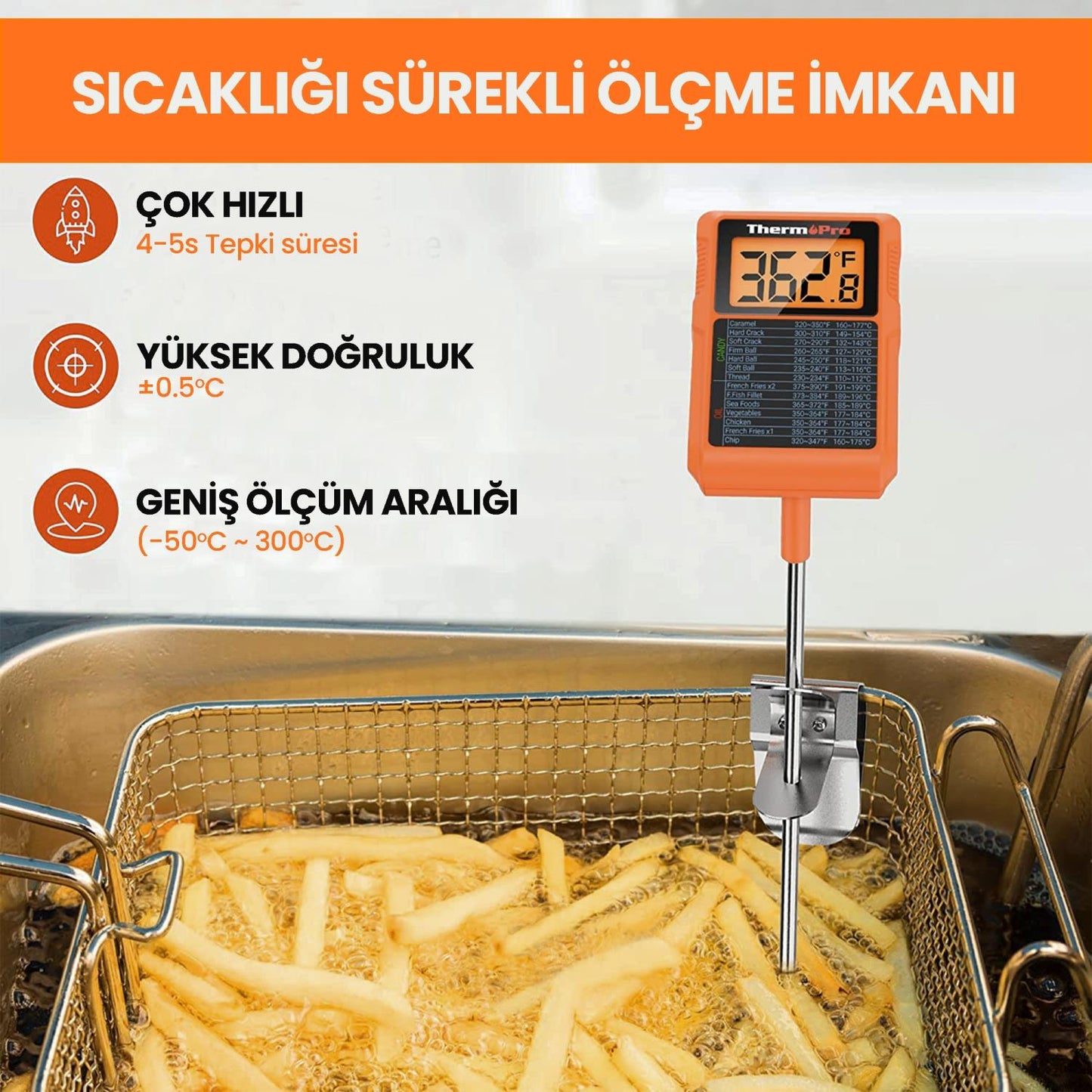 ThermoPro TP510 Su Geçirmez, Dijital ve Işıklı Daldırma/Saplama Profesyonel Gıda Termometresi