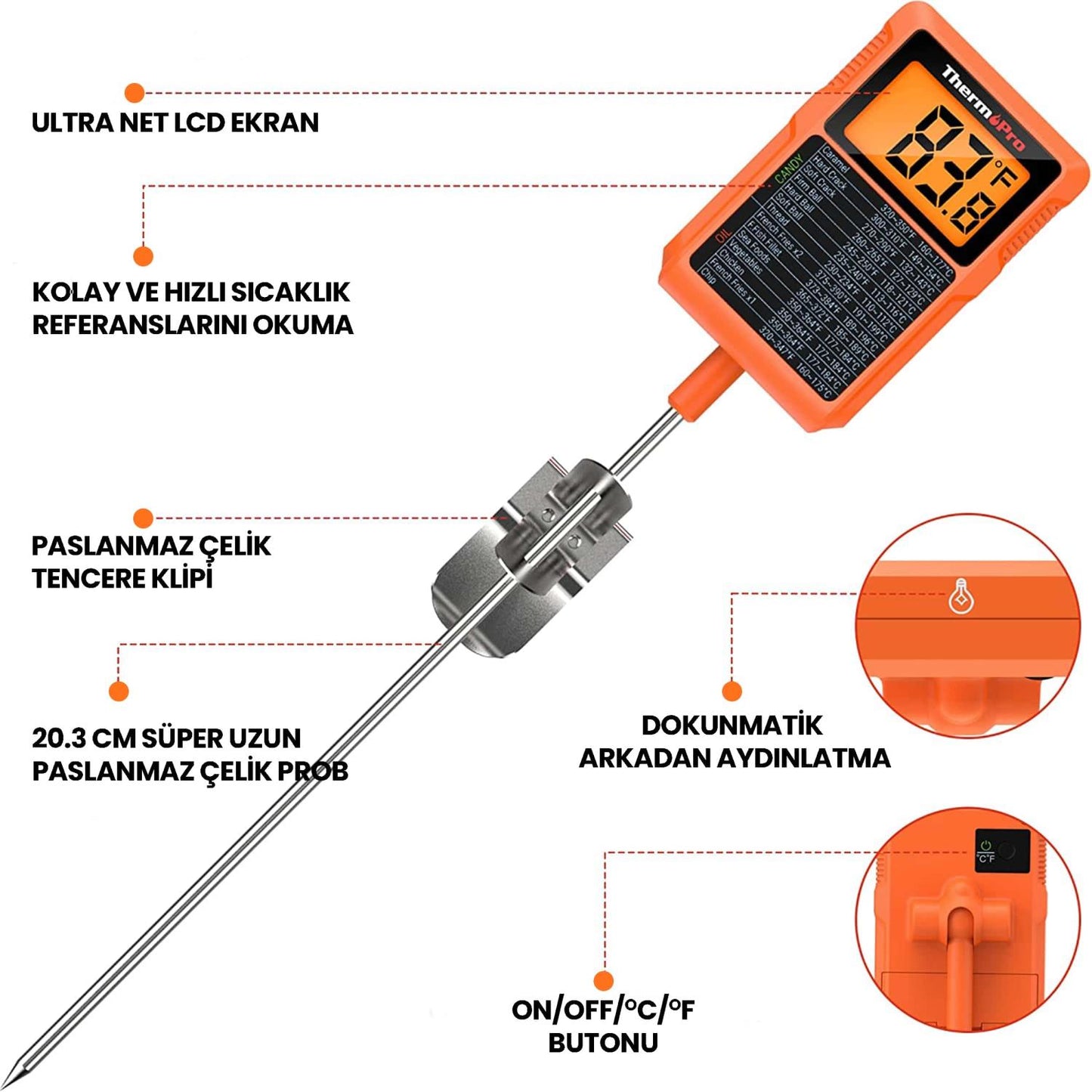 ThermoPro TP510 Su Geçirmez, Dijital ve Işıklı Daldırma/Saplama Profesyonel Gıda Termometresi