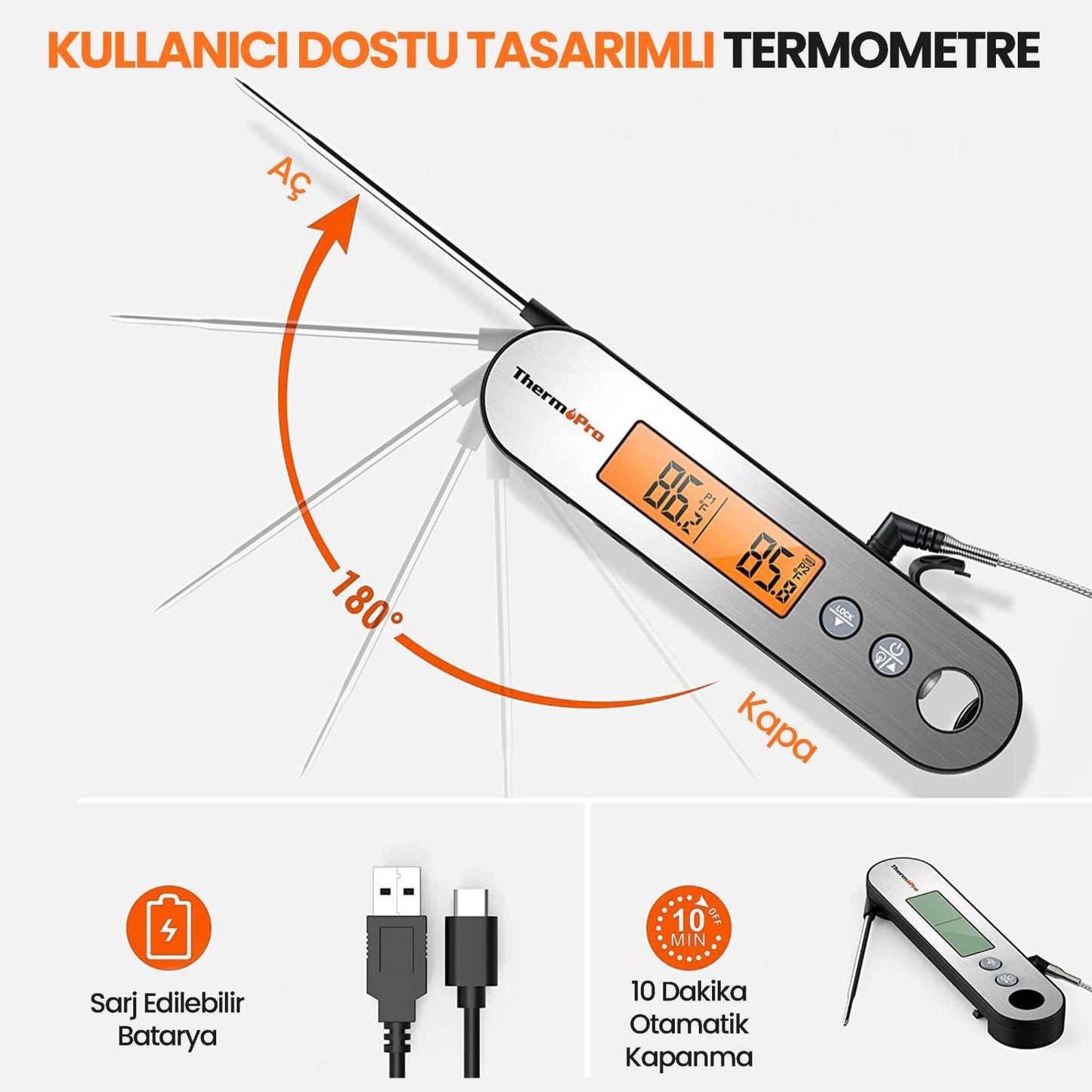 ThermoPro TP610 Su Geçirmez, Dijital ve Işıklı Çift Problu Katlanabilir Profesyonel Gıda Termometre