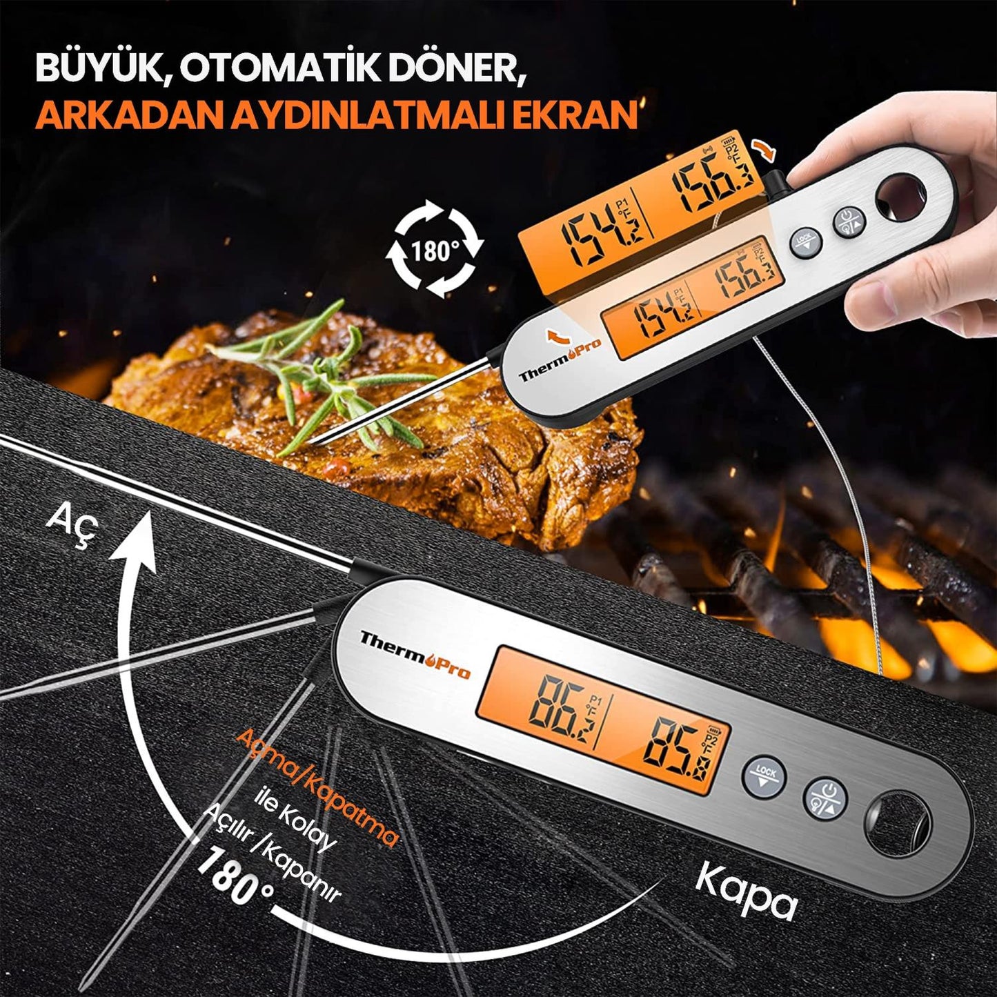 ThermoPro TP610 Su Geçirmez, Dijital ve Işıklı Çift Problu Katlanabilir Profesyonel Gıda Termometre