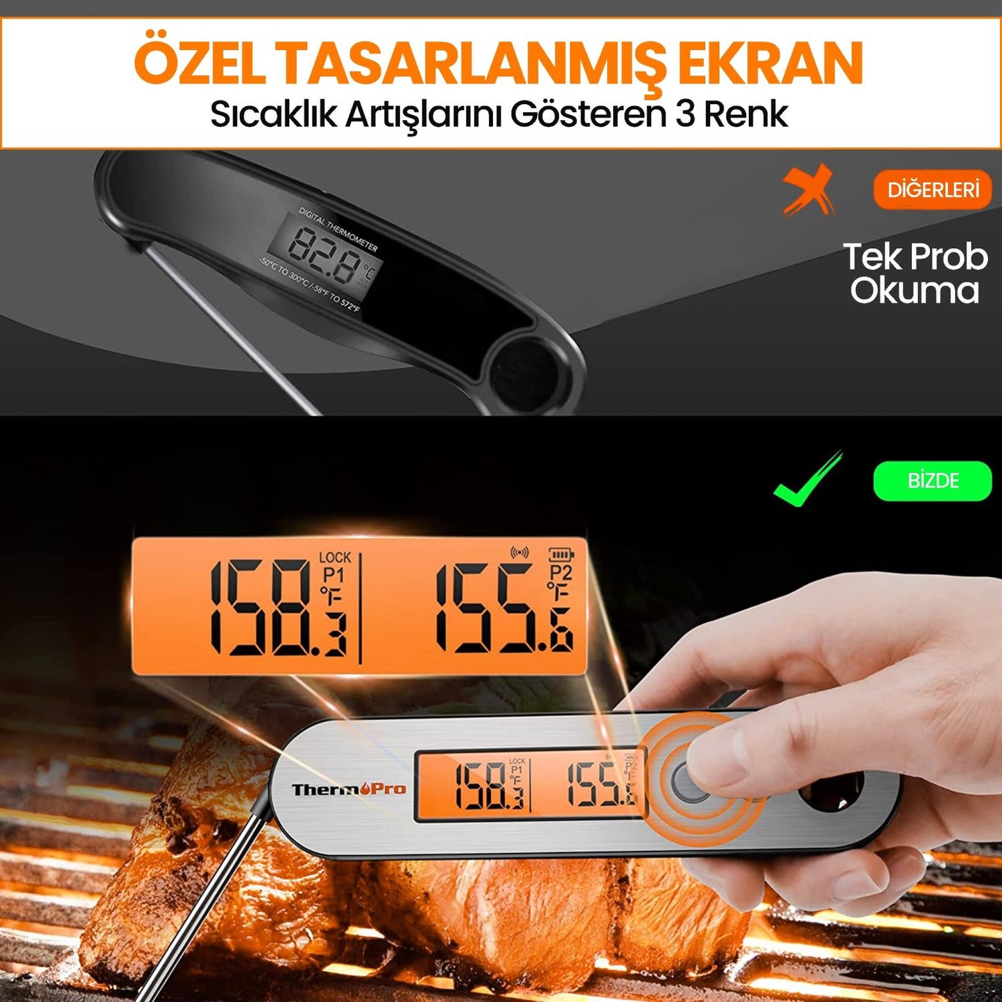 ThermoPro TP610 Su Geçirmez, Dijital ve Işıklı Çift Problu Katlanabilir Profesyonel Gıda Termometre