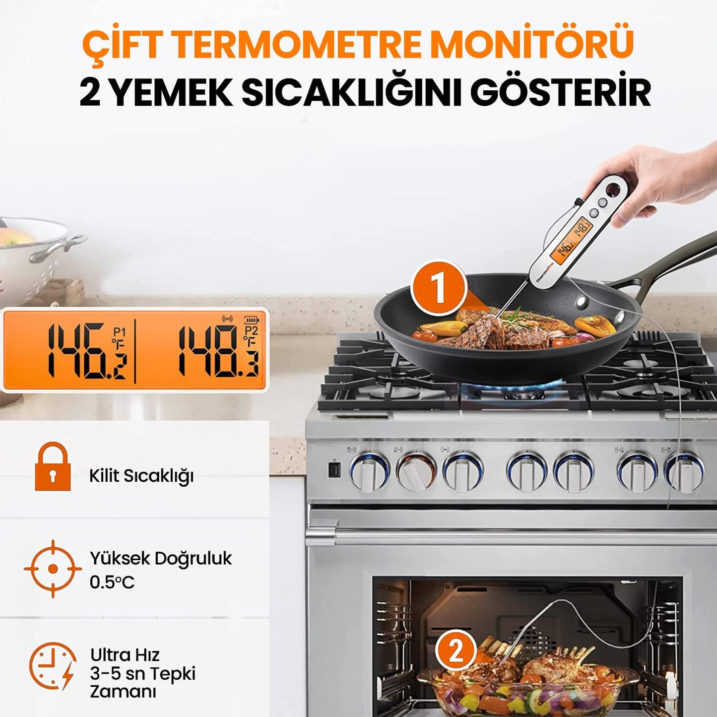 ThermoPro TP610 Su Geçirmez, Dijital ve Işıklı Çift Problu Katlanabilir Profesyonel Gıda Termometre