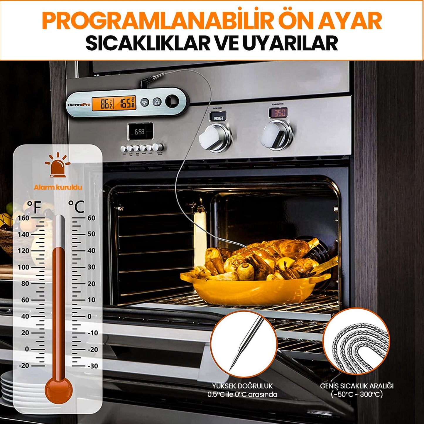ThermoPro TP610 Su Geçirmez, Dijital ve Işıklı Çift Problu Katlanabilir Profesyonel Gıda Termometre