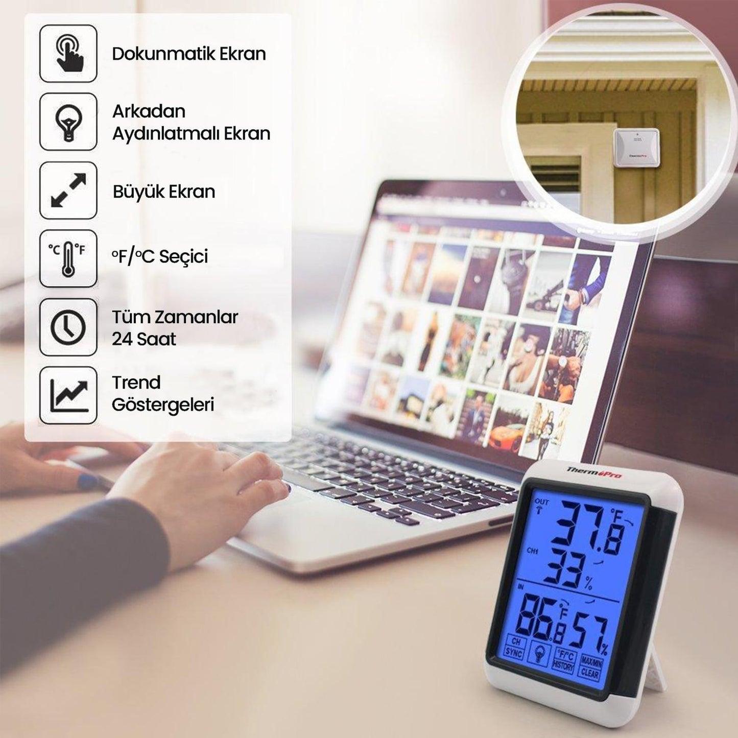 ThermoPro TP65 Dokunmatik Işıklı Geniş Ekran İç ve Dış Mekan (Sensörlü) Dijital Sıcaklık ve Nem Ölçer