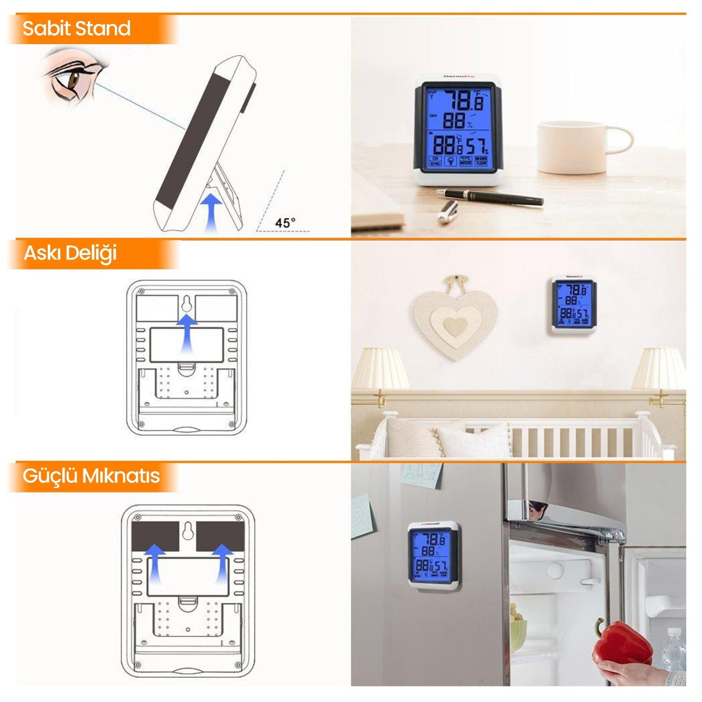 ThermoPro TP65 Dokunmatik Işıklı Geniş Ekran İç ve Dış Mekan (Sensörlü) Dijital Sıcaklık ve Nem Ölçer