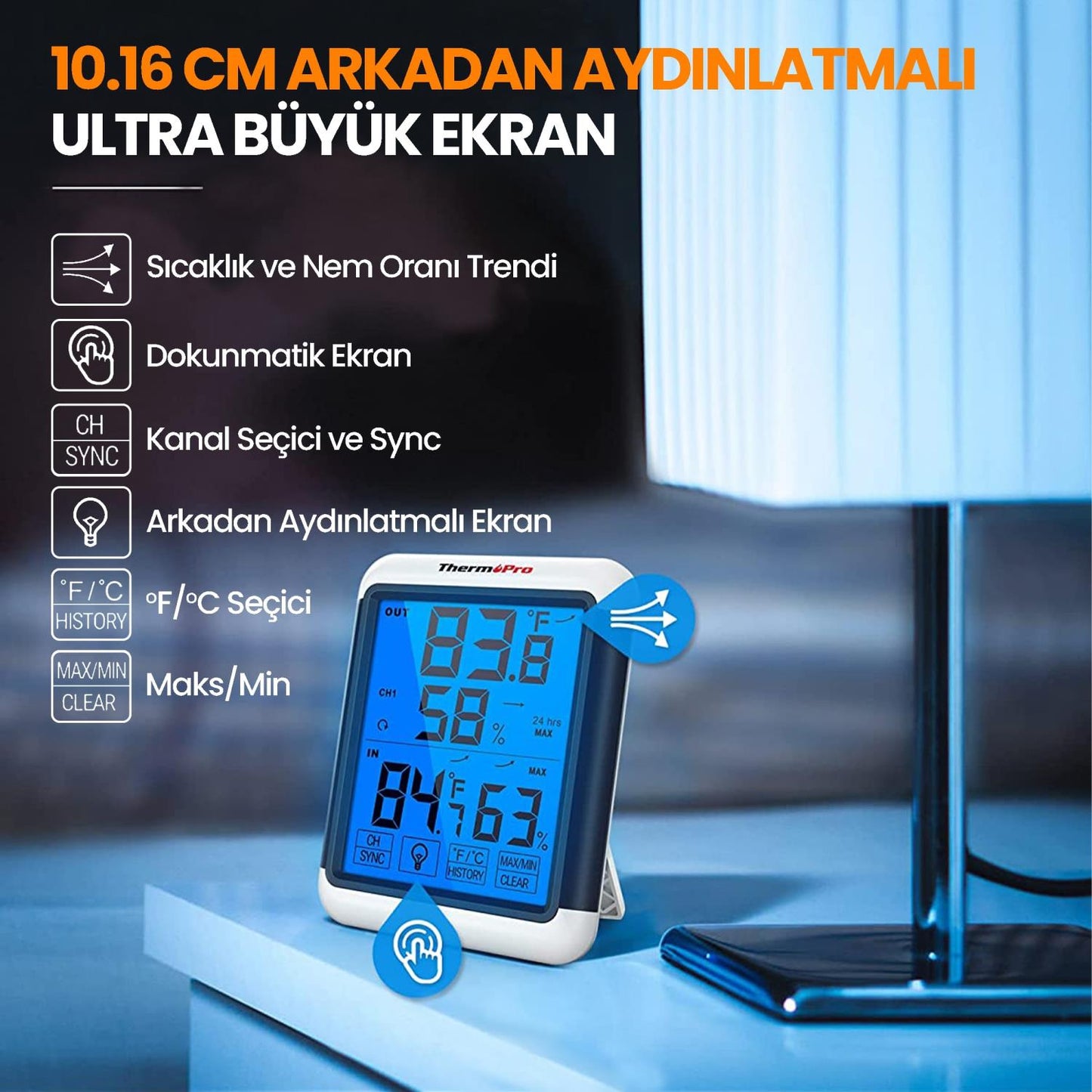 ThermoPro TP65 Dokunmatik Işıklı Geniş Ekran İç ve Dış Mekan (Sensörlü) Dijital Sıcaklık ve Nem Ölçer