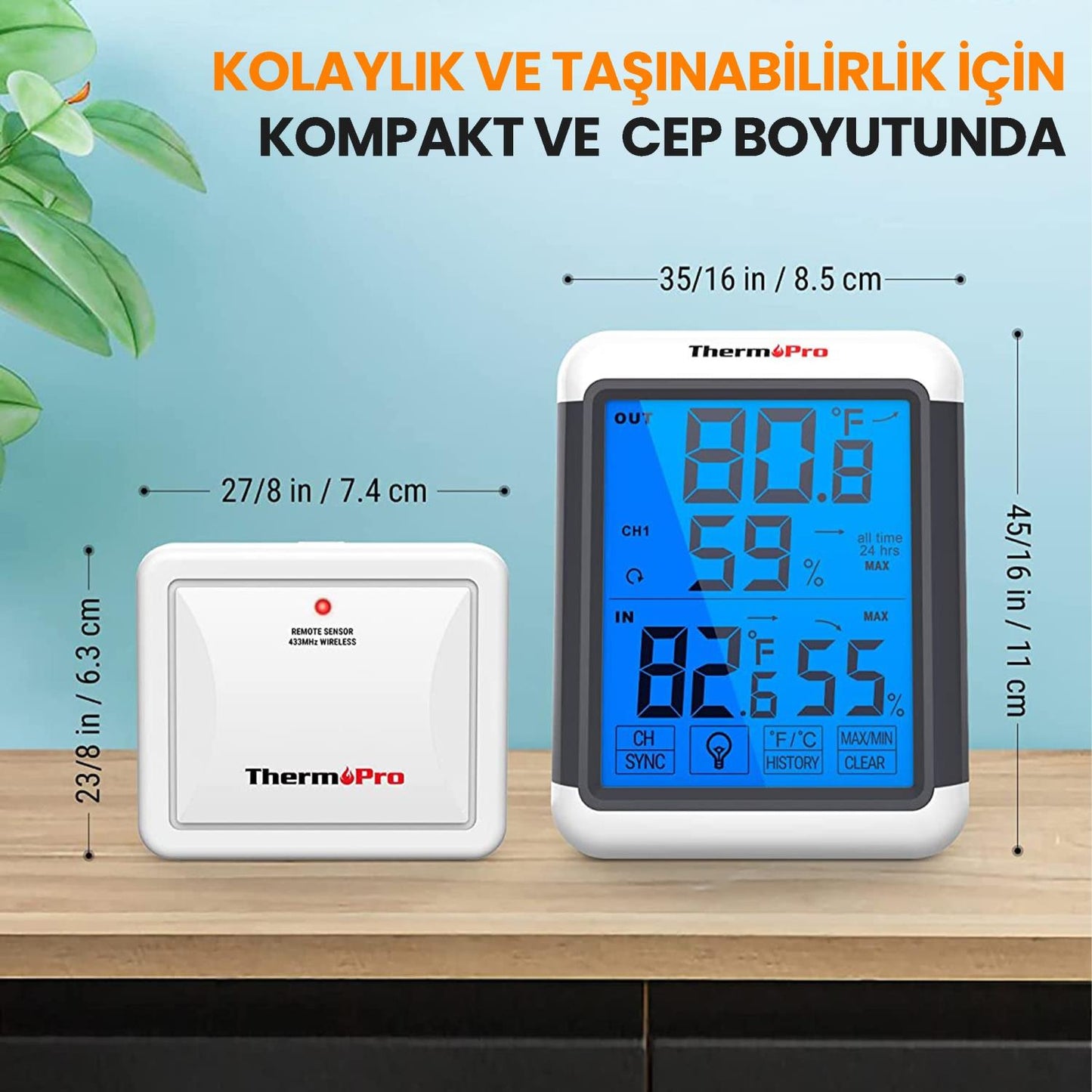 ThermoPro TP65 Dokunmatik Işıklı Geniş Ekran İç ve Dış Mekan (Sensörlü) Dijital Sıcaklık ve Nem Ölçer