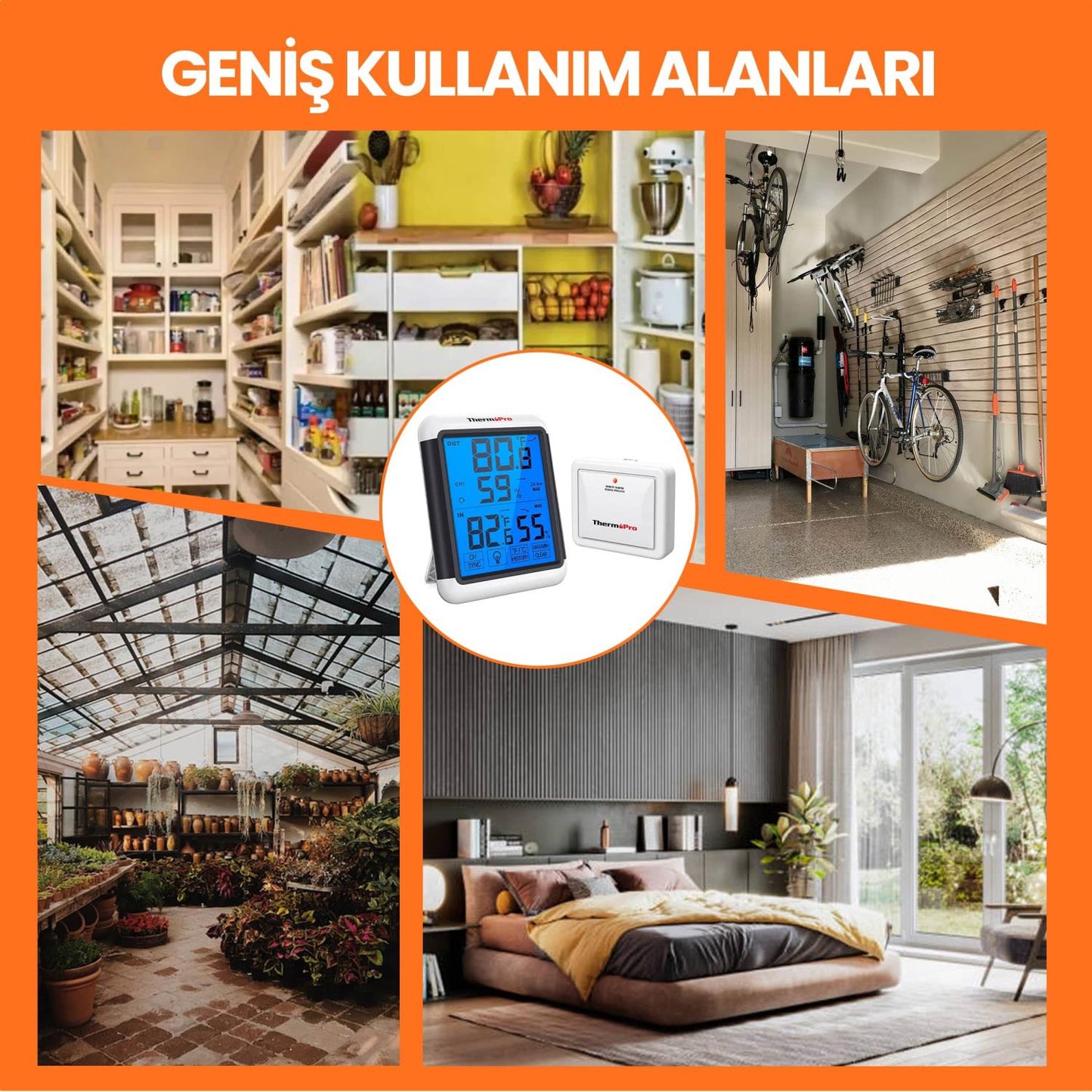 ThermoPro TP65 Dokunmatik Işıklı Geniş Ekran İç ve Dış Mekan (Sensörlü) Dijital Sıcaklık ve Nem Ölçer