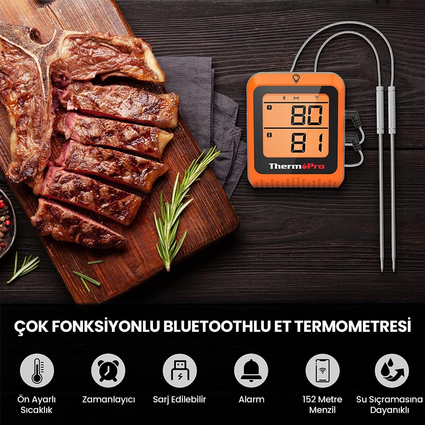 ThermoPro TP920 Cep Telefonu Kontrollü, Bluetooth ve Çift Problu Profesyonel Gıda Pişirme Termometre