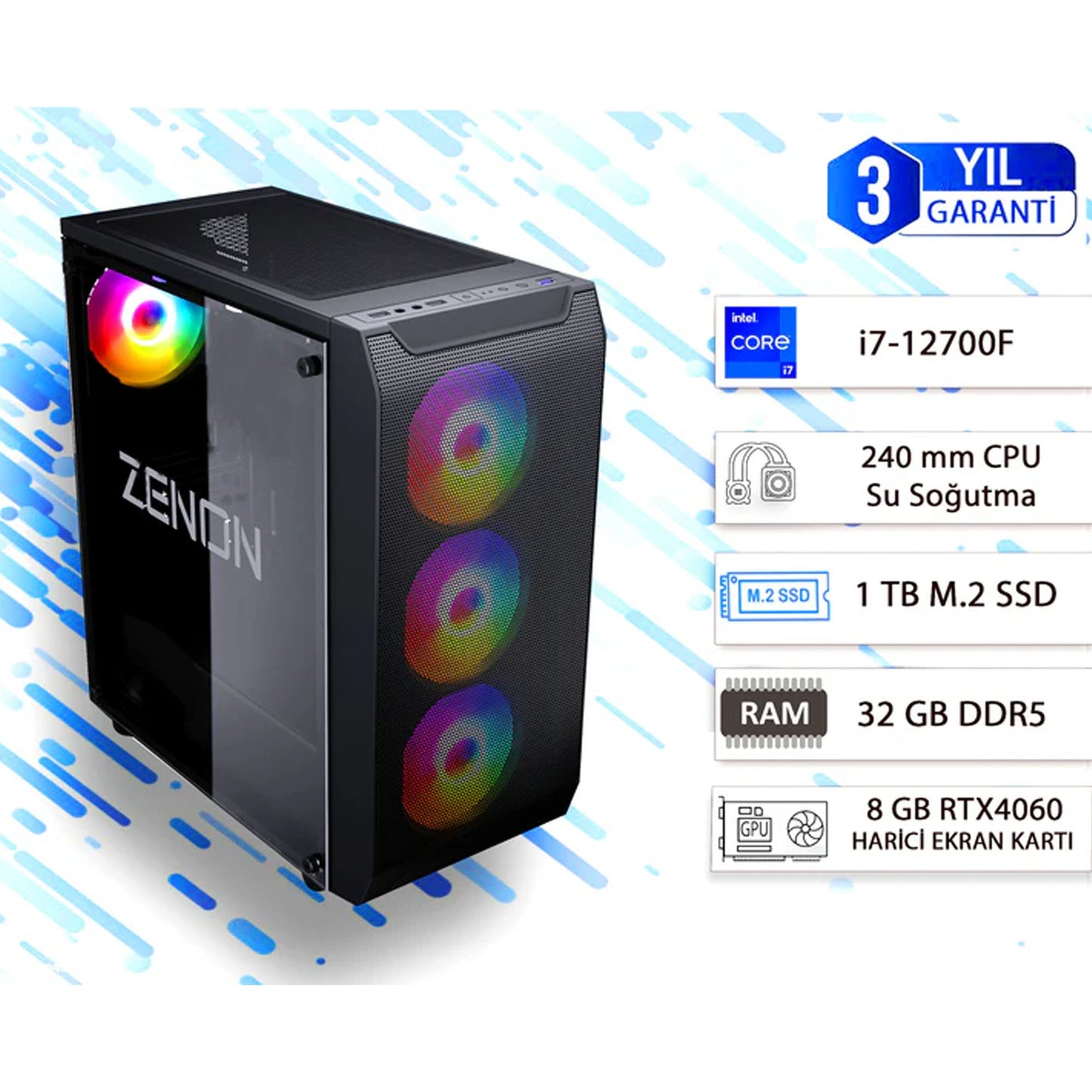 ZENON GAMING PRO ZG-117-2 i7-12700F 32GB 1TB SSD 8gb RTX4060 DOS Masaüstü PC (3 Yıl Garanti) Wifi + BT