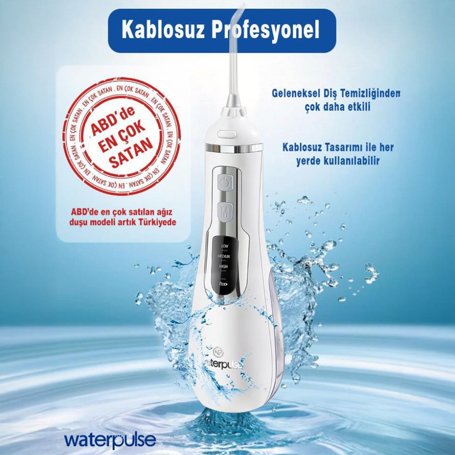 WaterPulse WP-V500-W Water Flosser Taşınabilir, Şarjlı, Masajlı, Diş Protez Bakım ve Ağız Duşu