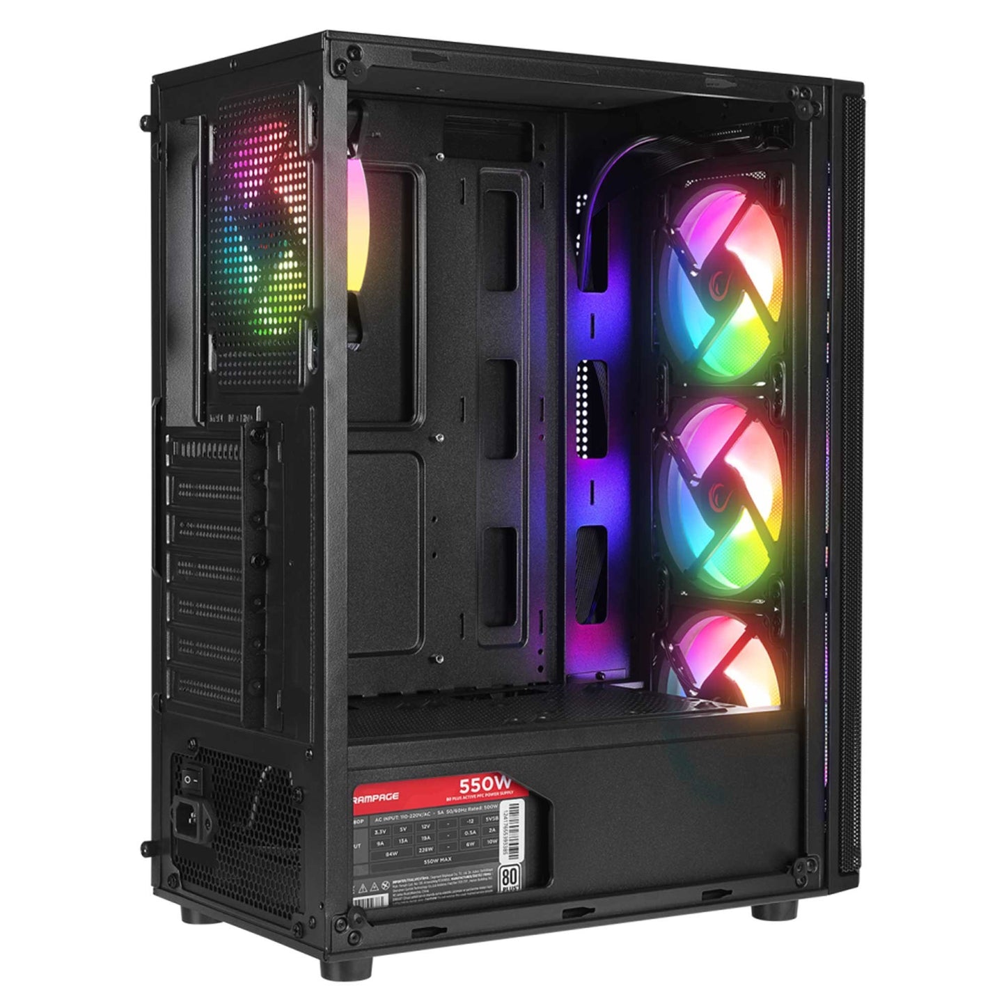 Rampage Helios Mesh 550W 80+ SiyahTemperli Cam 4x12cm Rainbow ATX Mid-T Gaming Oyuncu Kasası
