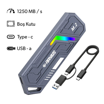 RaXius DK03 USB-A/Type-C Kablolu RGB 22x80 M.2 NVMe Taşınabilir Harici SSD (Boş Kutu)
