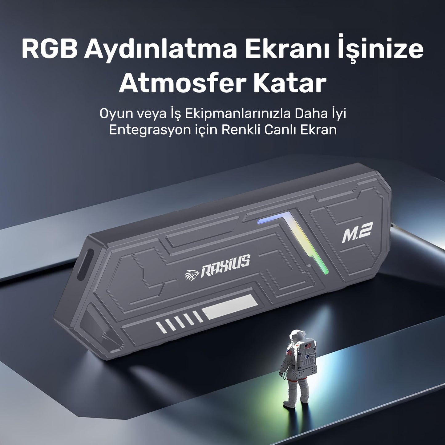 RaXius DK03 USB-A/Type-C Kablolu RGB 22x80 M.2 NVMe Taşınabilir Harici SSD (Boş Kutu)