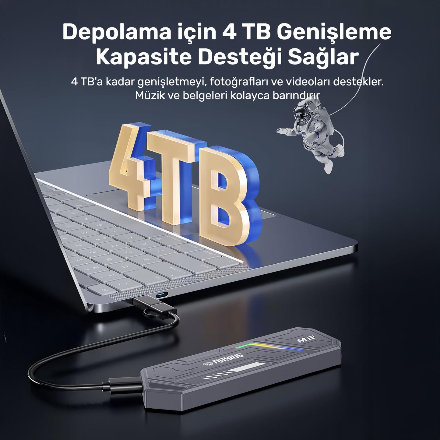 RaXius DK03 USB-A/Type-C Kablolu RGB 22x80 M.2 NVMe Taşınabilir Harici SSD (Boş Kutu)