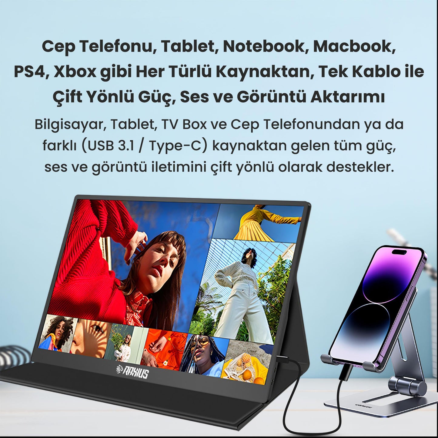 Raxius RXM6144 15.6" FHD 5ms144Hz Type-C Telefon&Oyun Konsolu Uyumlu Metal Kasa Taşınabilir Monitör