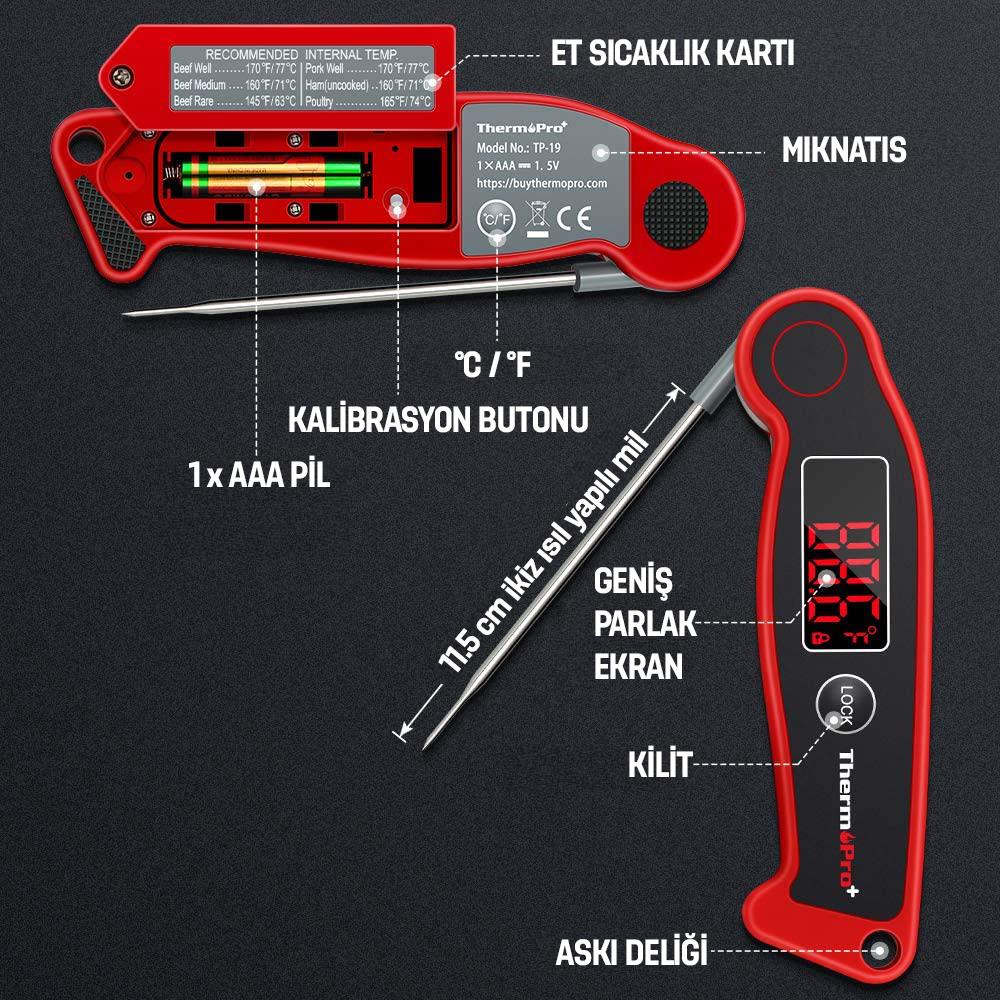 ThermoPro TP19 Su Geçirmez Katlanabilir Gıda Pişirme Termometresi